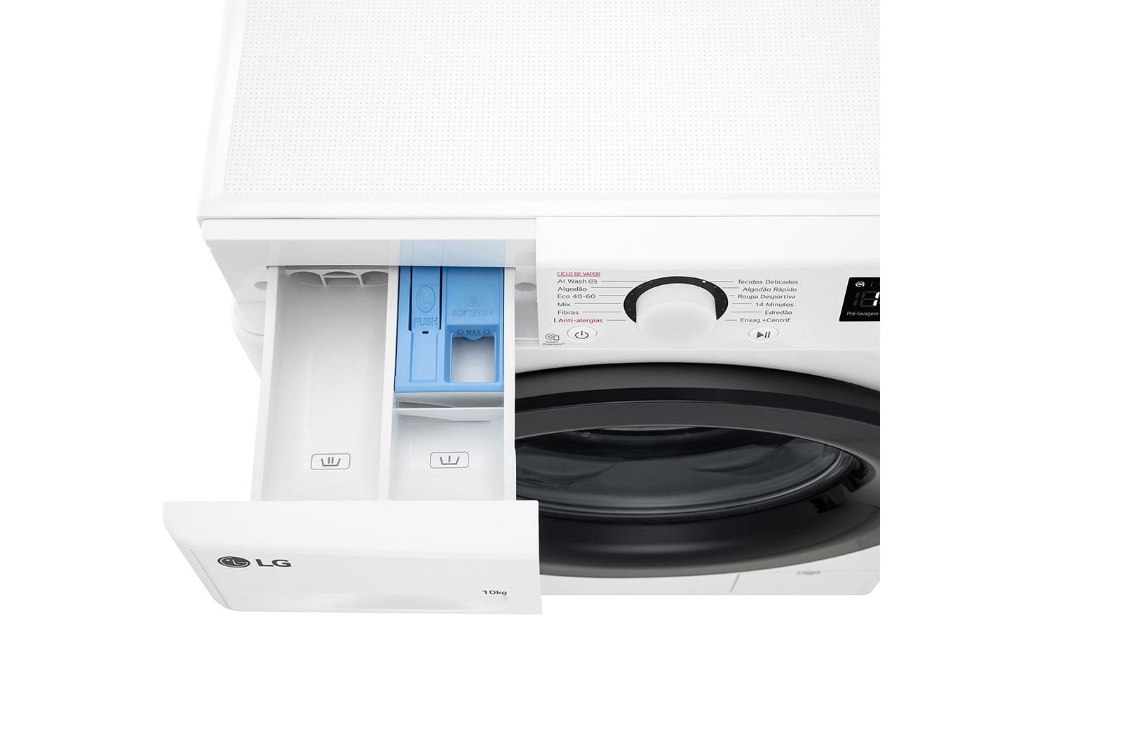 Biała pralka z otwartą szufladą na detergent, odsłaniającą przegródki i niebieską wkładkę.