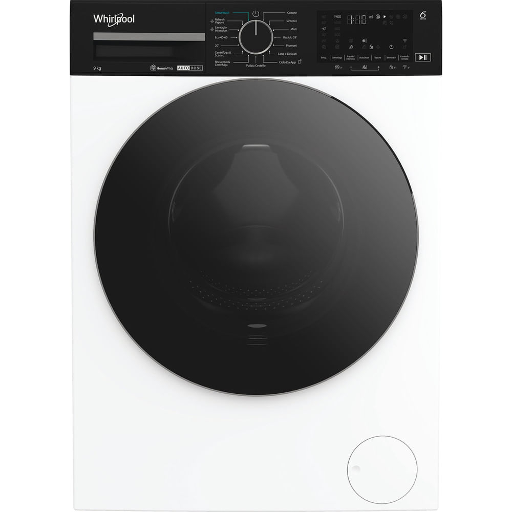 Lavatrice Whirlpool bianca con porta nera e pannello comandi.