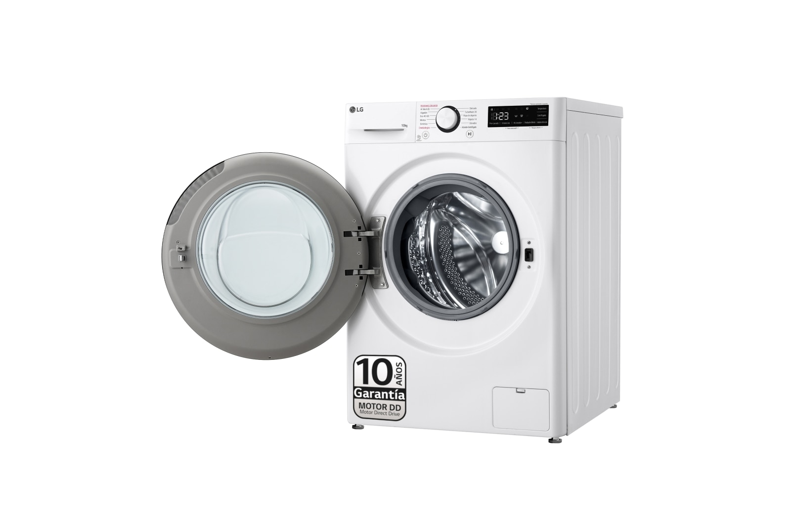 Biała pralka LG z otwartymi drzwiami, ukazująca bęben i logo marki.