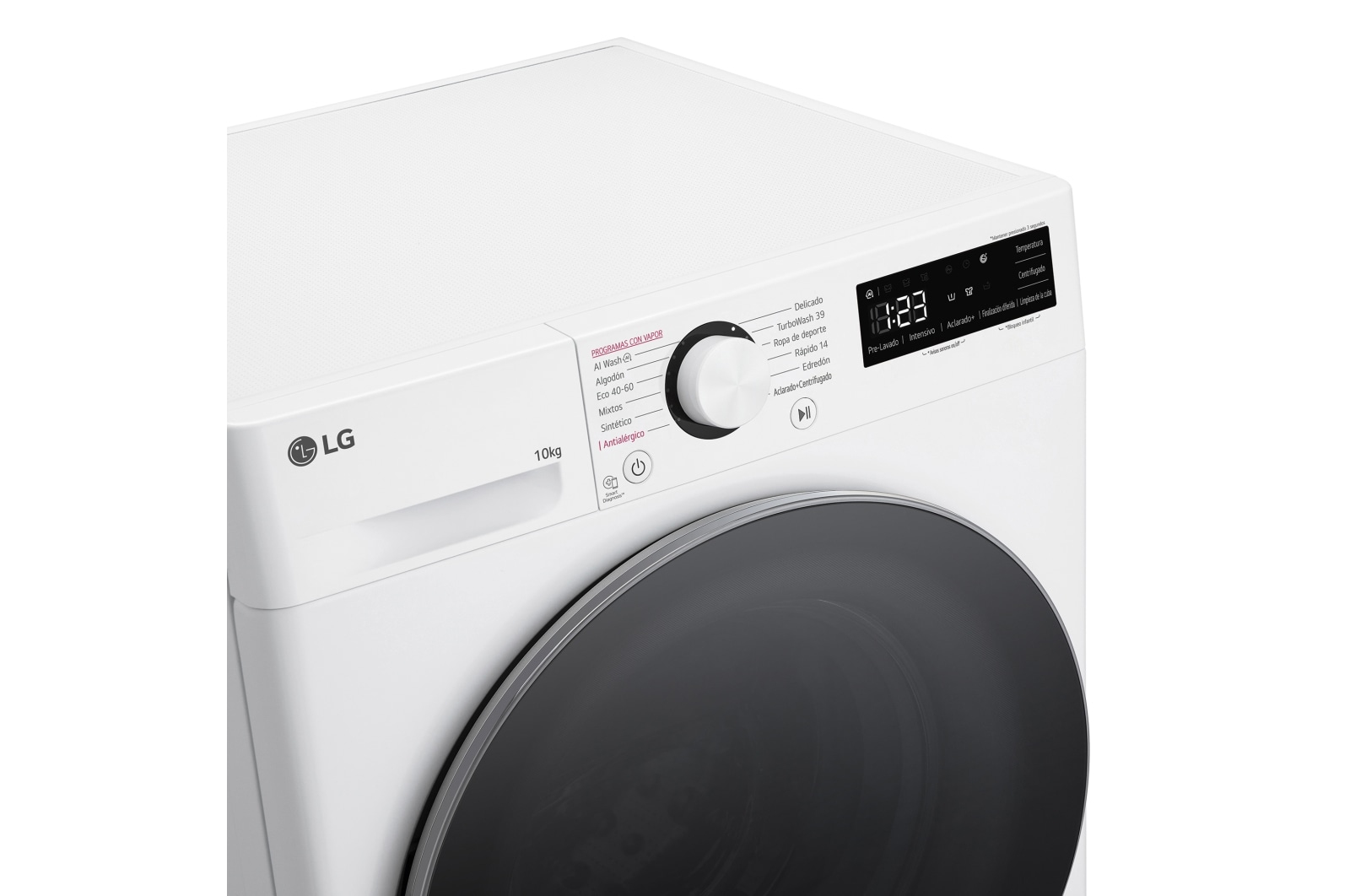 Pralka LG, biała, zbliżenie panelu sterowania. Wyświetlacz pokazuje czas i ustawienia.