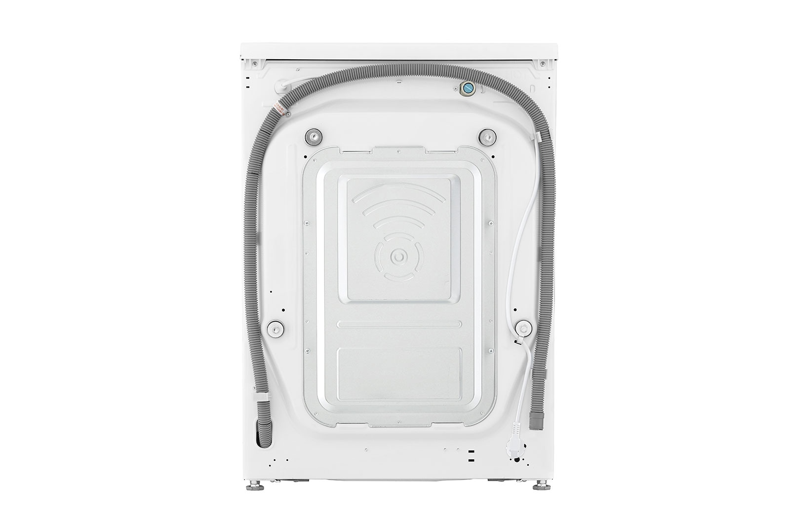 Biały tył pralki, z szarym wężem i widocznymi elementami wewnętrznymi.