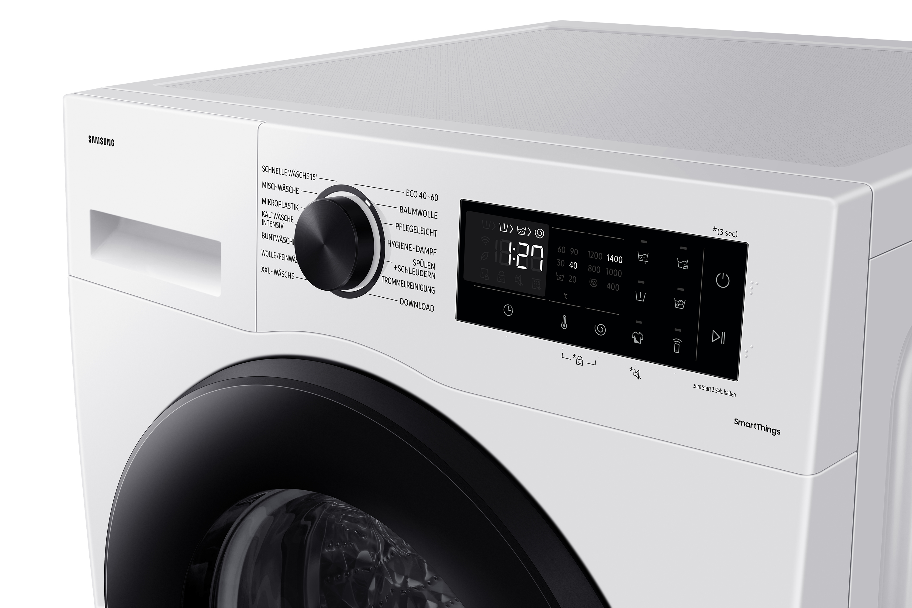 Detail einer weißen Waschmaschine. Das Bedienfeld zeigt Zyklusoptionen, Zeit und das SmartThings-Logo.