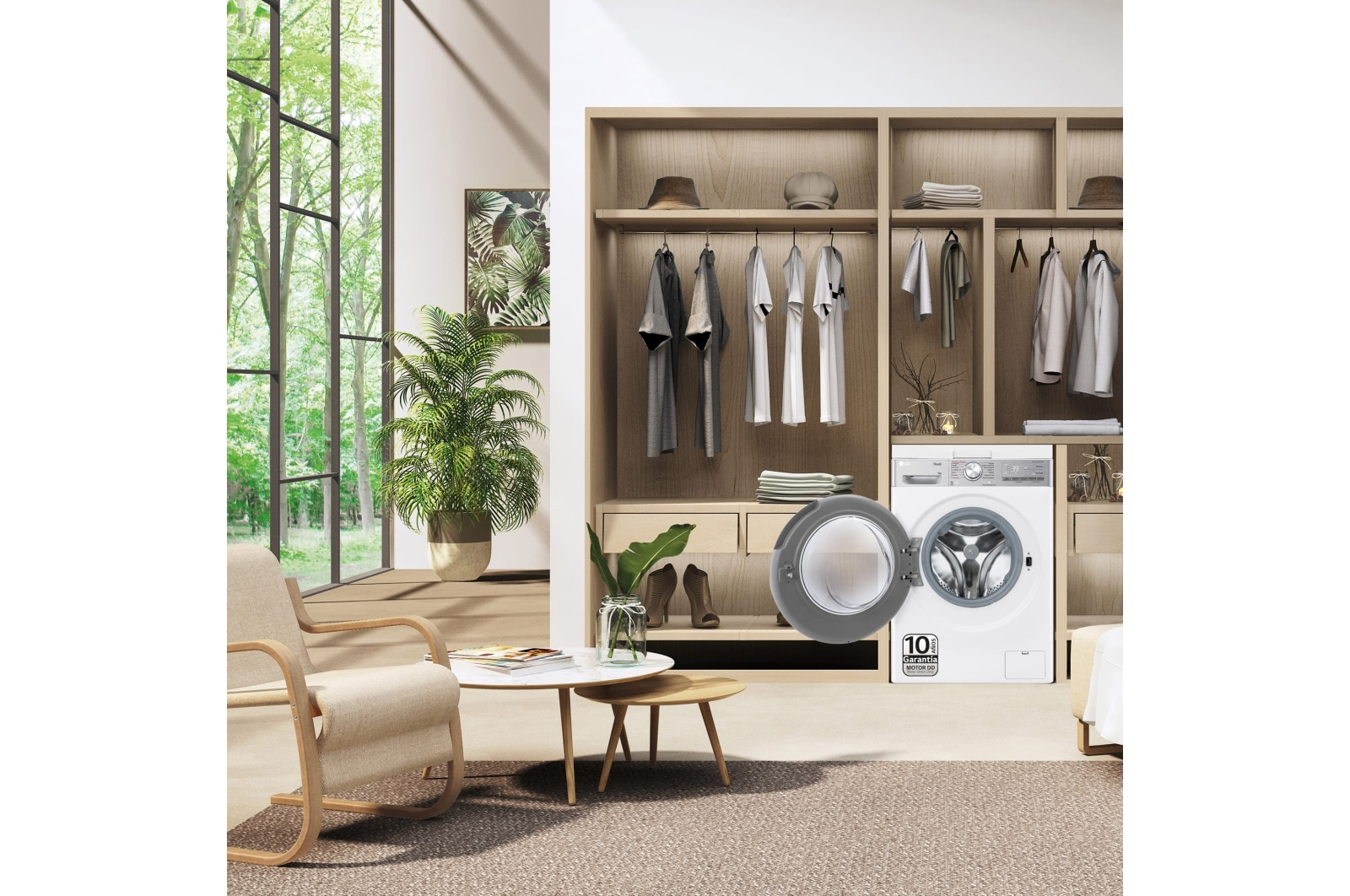 Pokój z pralką, otwartymi drzwiami, szafką i meblami.