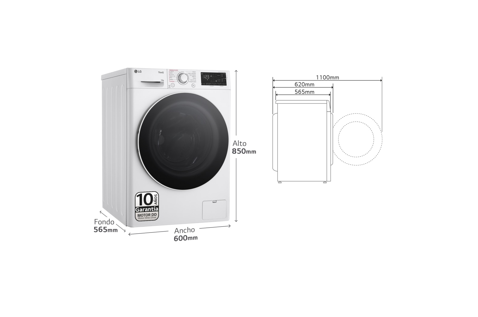 Biała pralka LG. Wymiary i pomiary, szkic z boku. Białe tło.