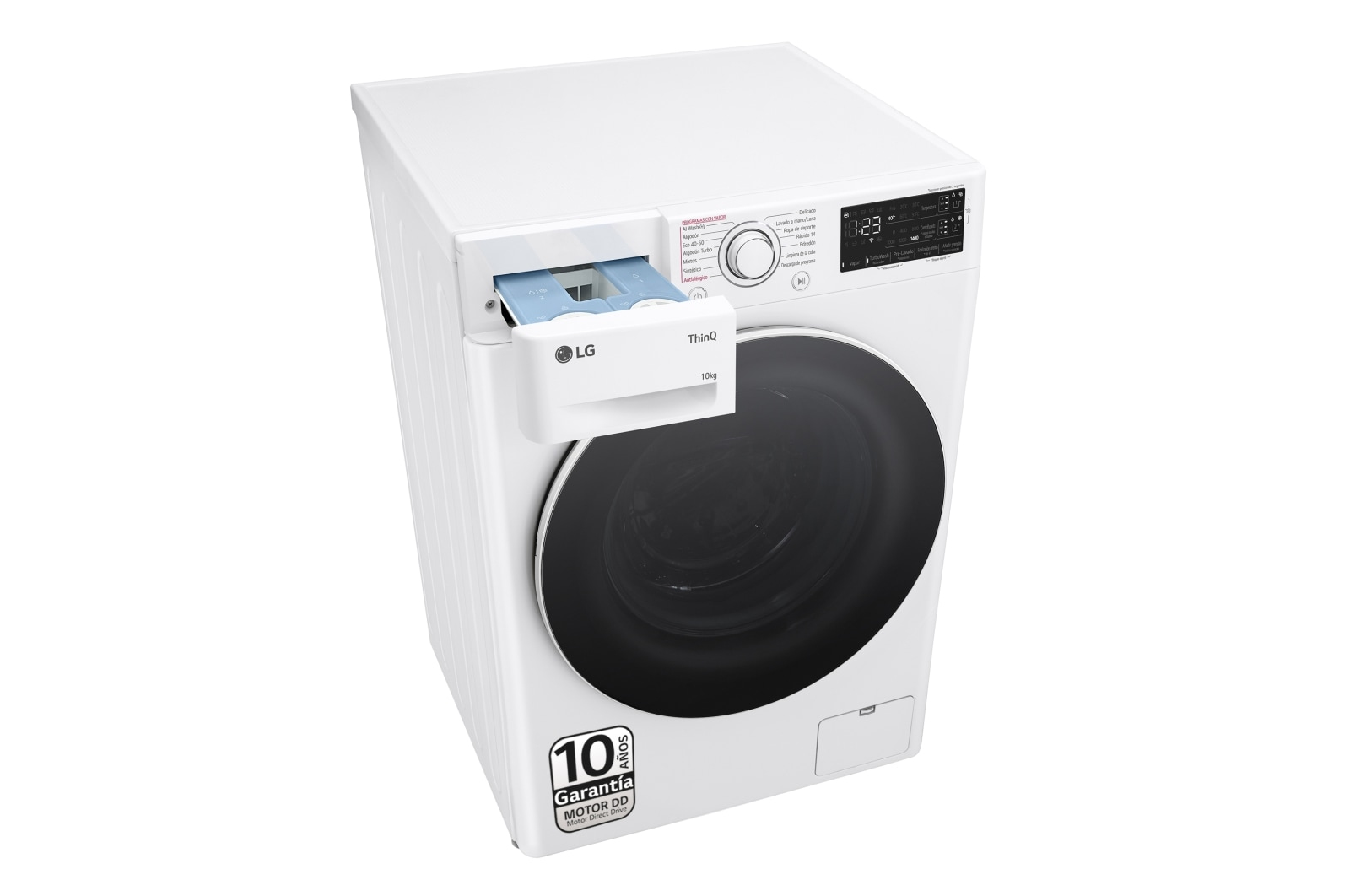 Biała pralka LG z otwartą szufladą na detergent, czarnymi drzwiami i panelem sterowania.