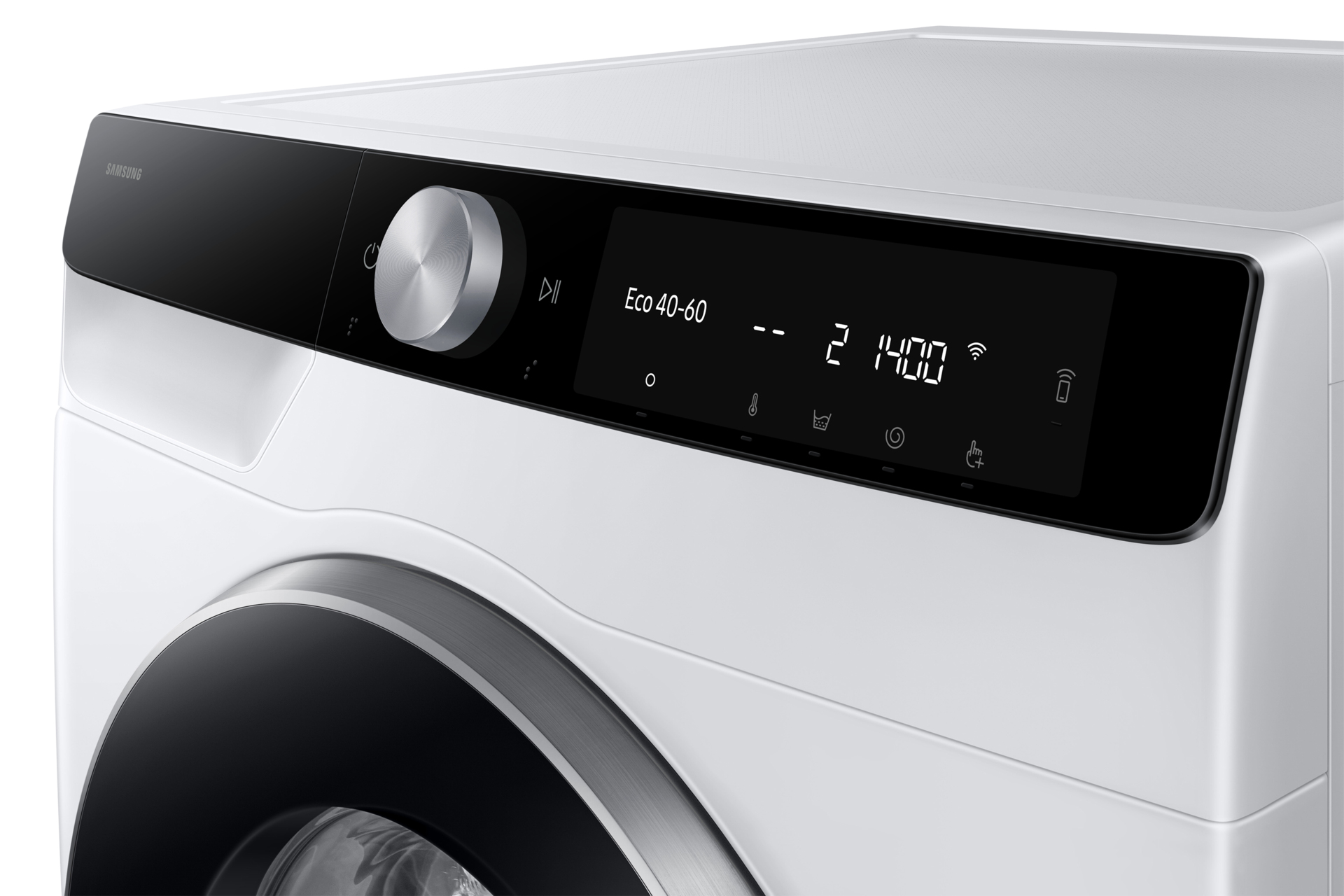 Nahaufnahme des Bedienfelds einer weißen Samsung Waschmaschine.