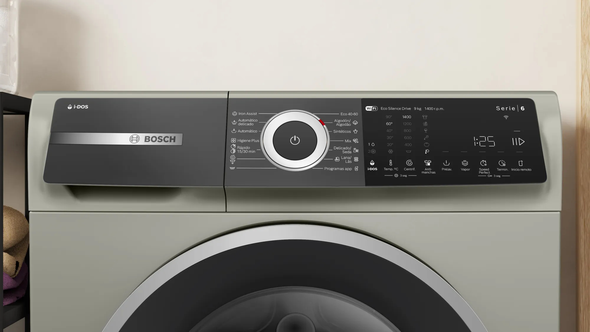 Zbliżenie panelu sterowania pralki Bosch. Ciemnoszary panel z przyciskami i wyświetlaczem cyfrowym. Nowoczesny wygląd.