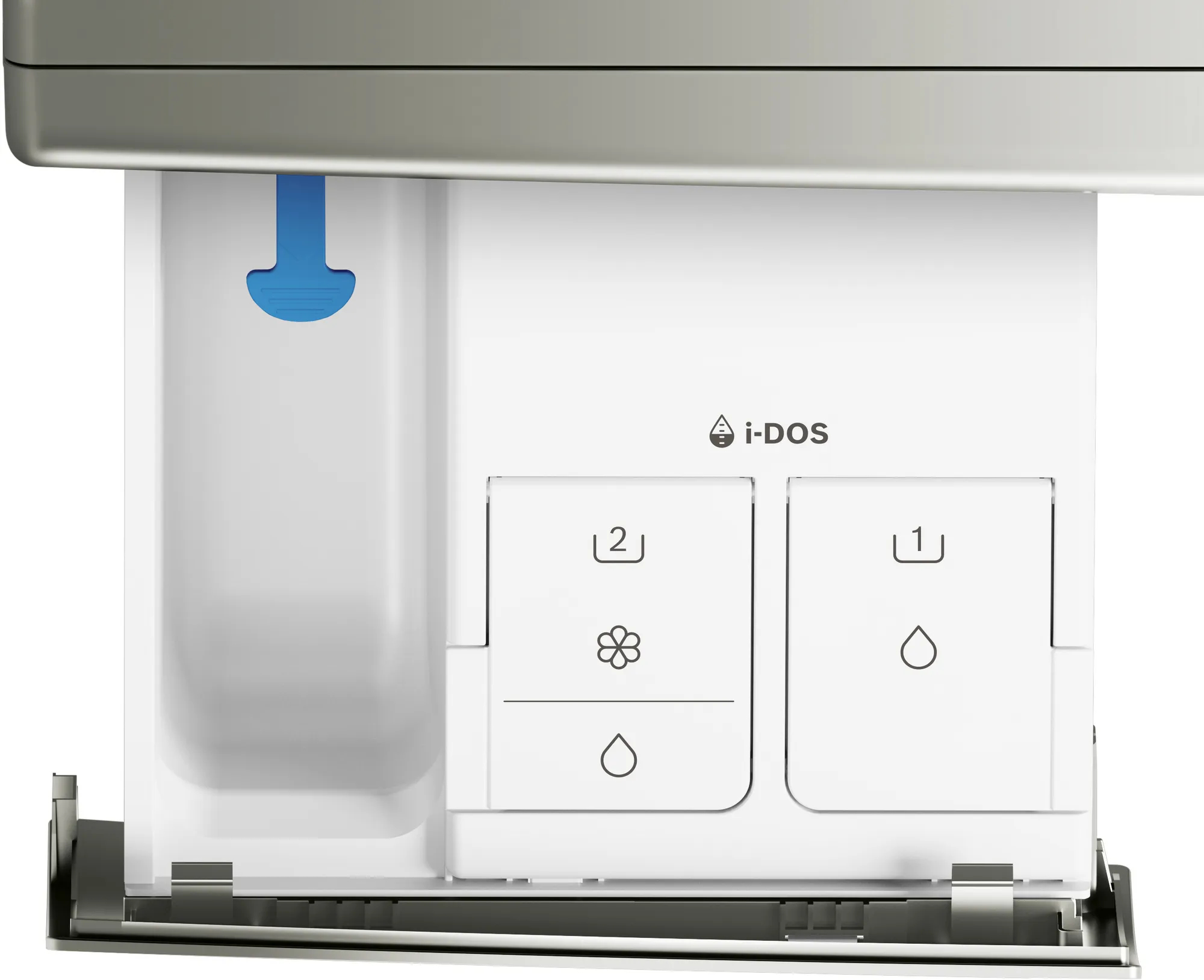 Zbliżenie białej szuflady na detergent do pralki z przegródkami. Ma etykietę i-DOS.