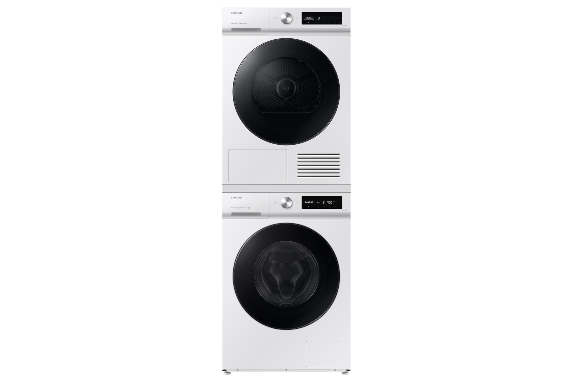 Set lavatrice e asciugatrice Samsung bianchi sovrapposti, con porte nere.