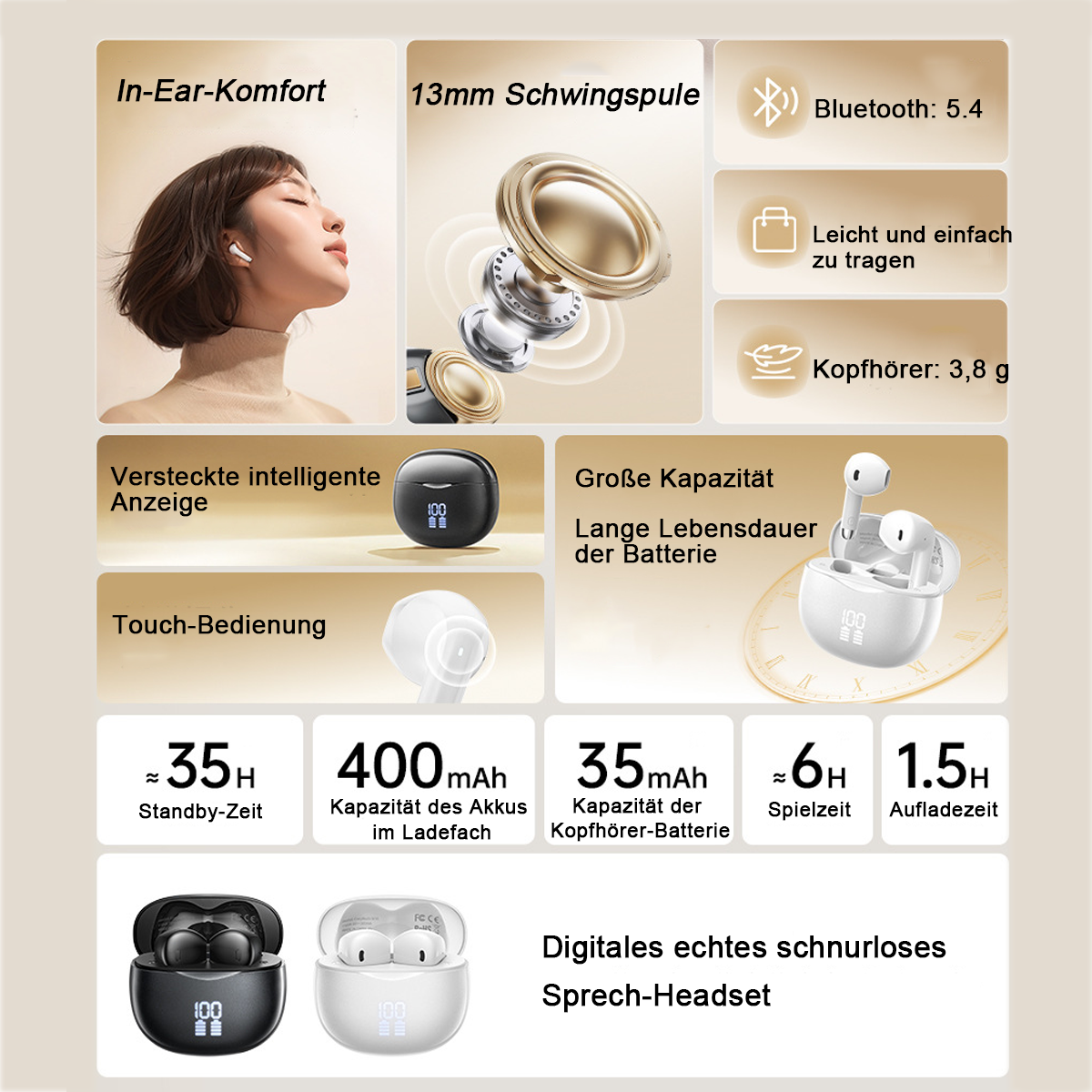 Infografik über kabellose Ohrhörer: Funktionen, Akkulaufzeit und Ladeinformationen sowie Produktaufnahmen.