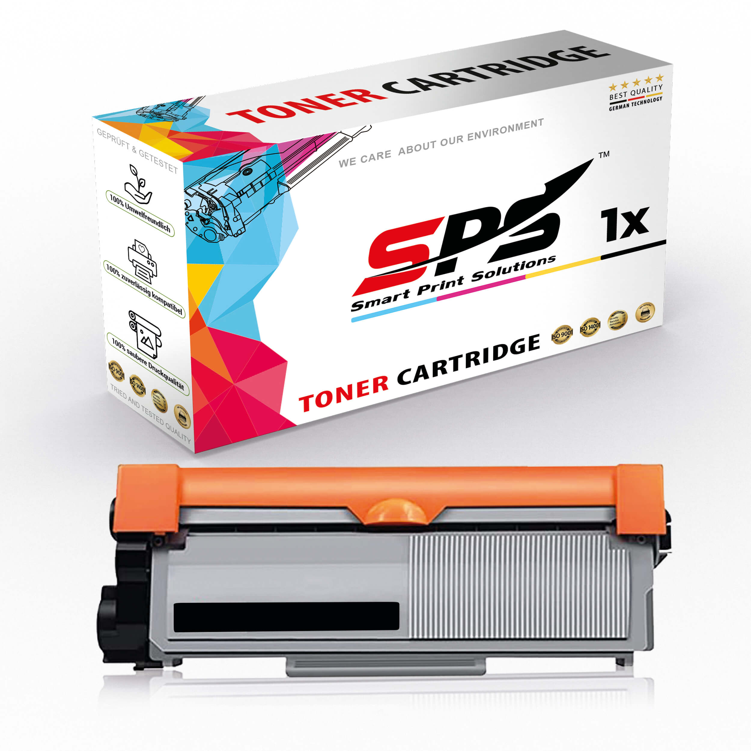 Tonerpatronenbox mit Tonerpatrone. Weiß und orange.