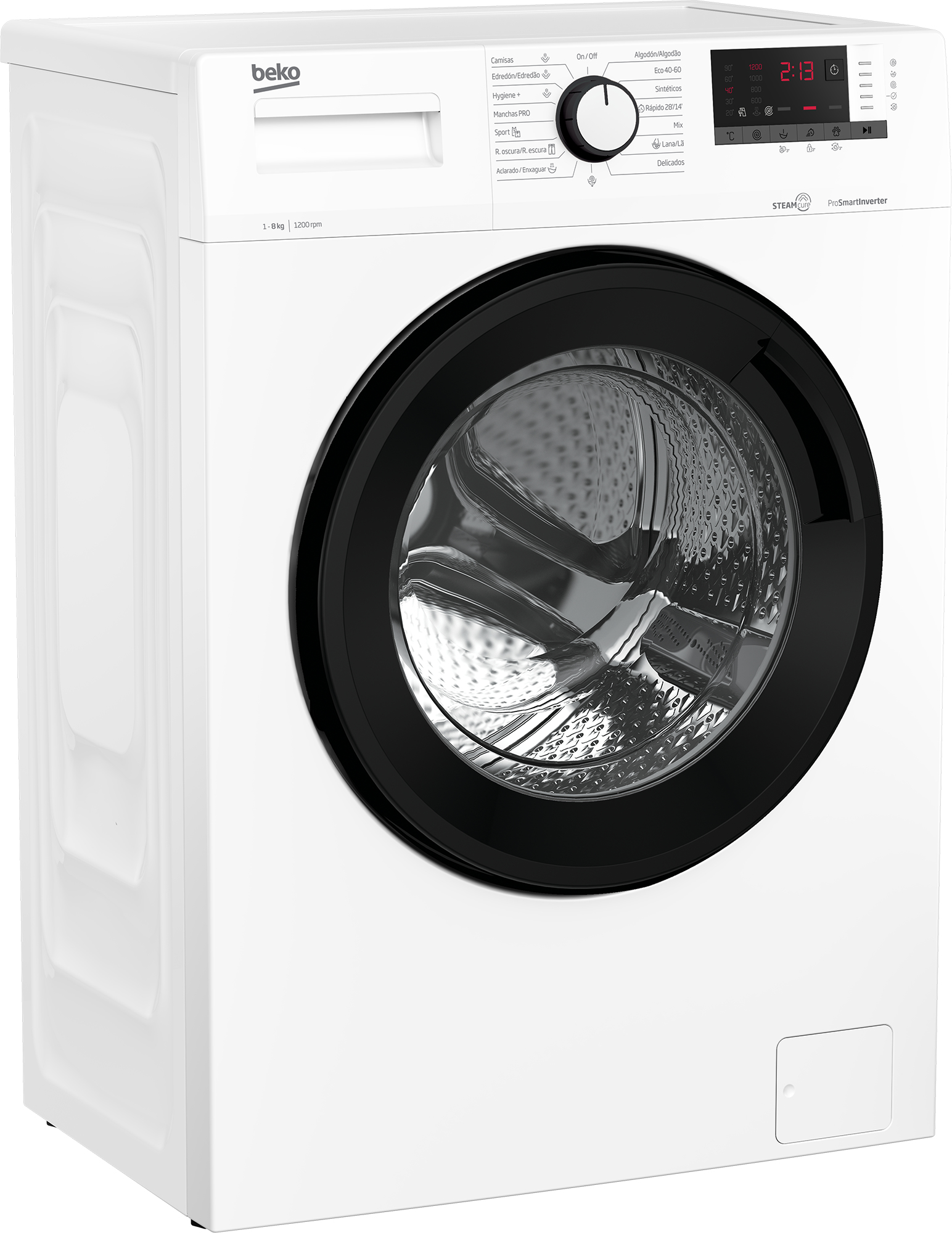 Lavadora Beko blanca. Puerta y panel de control negros. L-8kg, 1200 ciclos.