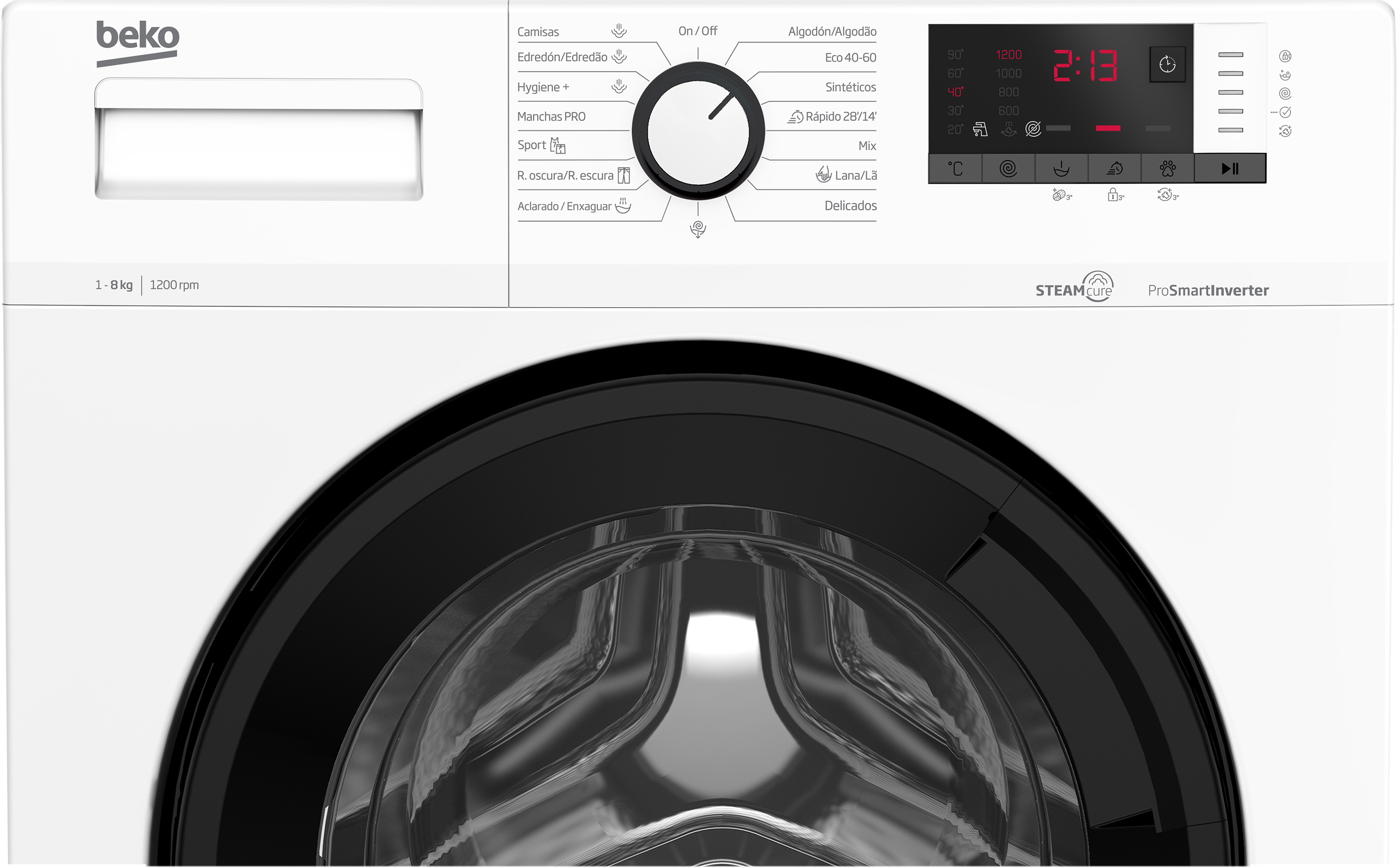 Lavadora blanca con puerta negra. El panel de control tiene botones y un dial para la configuración.