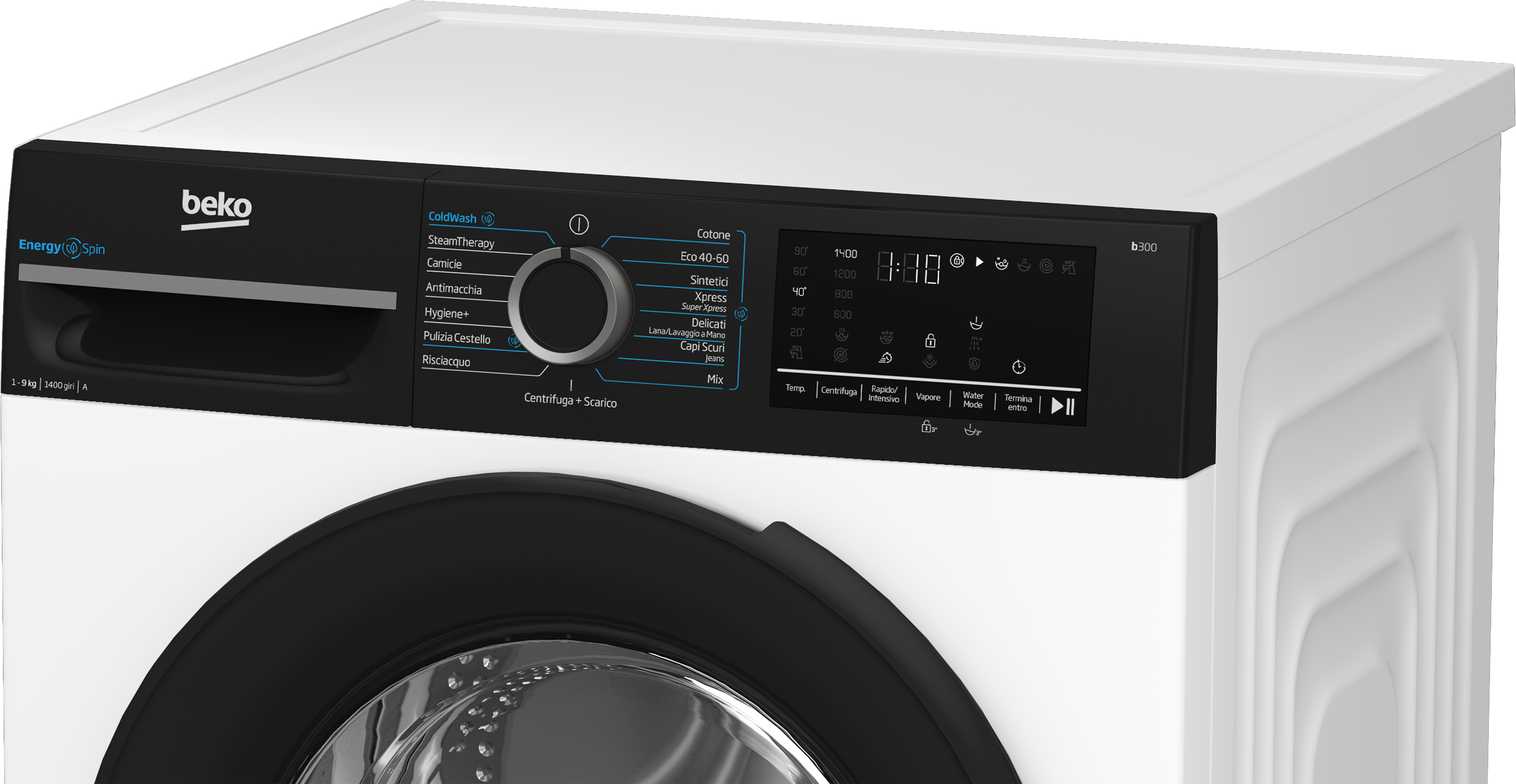 Primo piano del pannello di controllo di una lavatrice Beko bianca, con elementi neri e display.