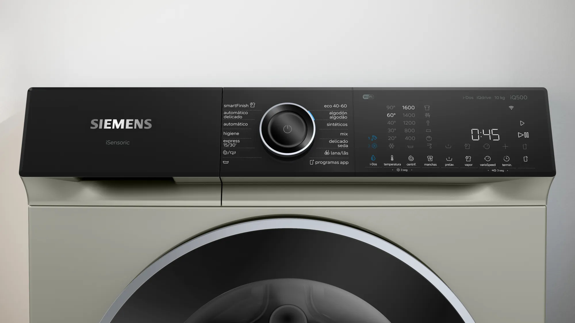 Panel de control de lavadora Siemens. Incluye un dial, pantalla de tiempo y varios botones.