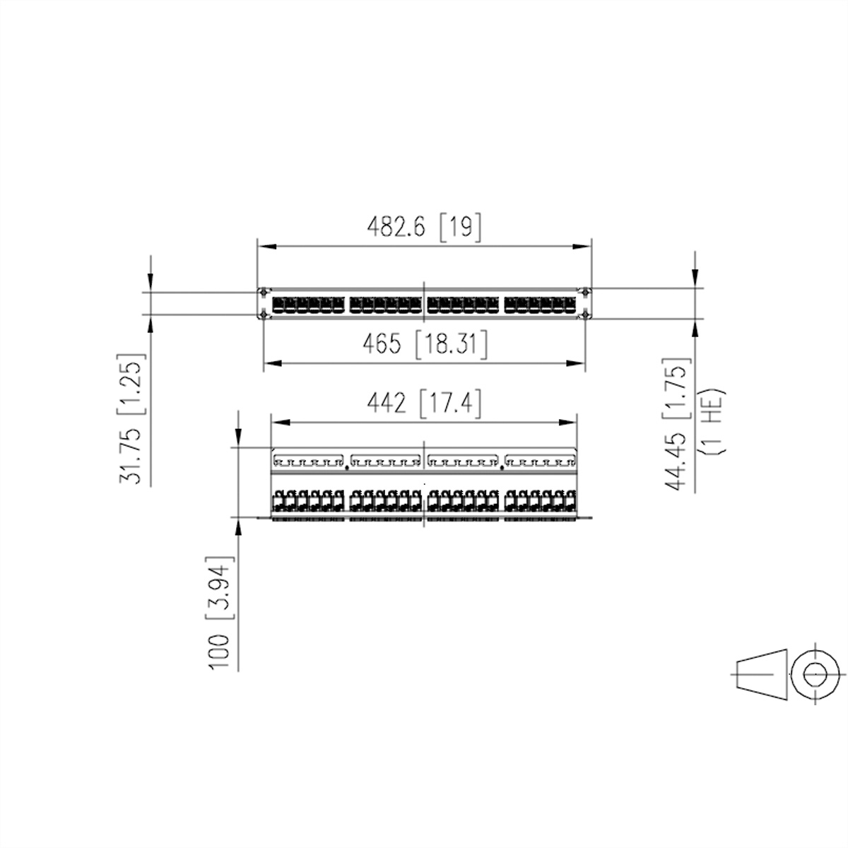 Technische Zeichnung eines Netzwerk-Patchpanels. Abmessungen und Anschlusspunkte sind angegeben.
