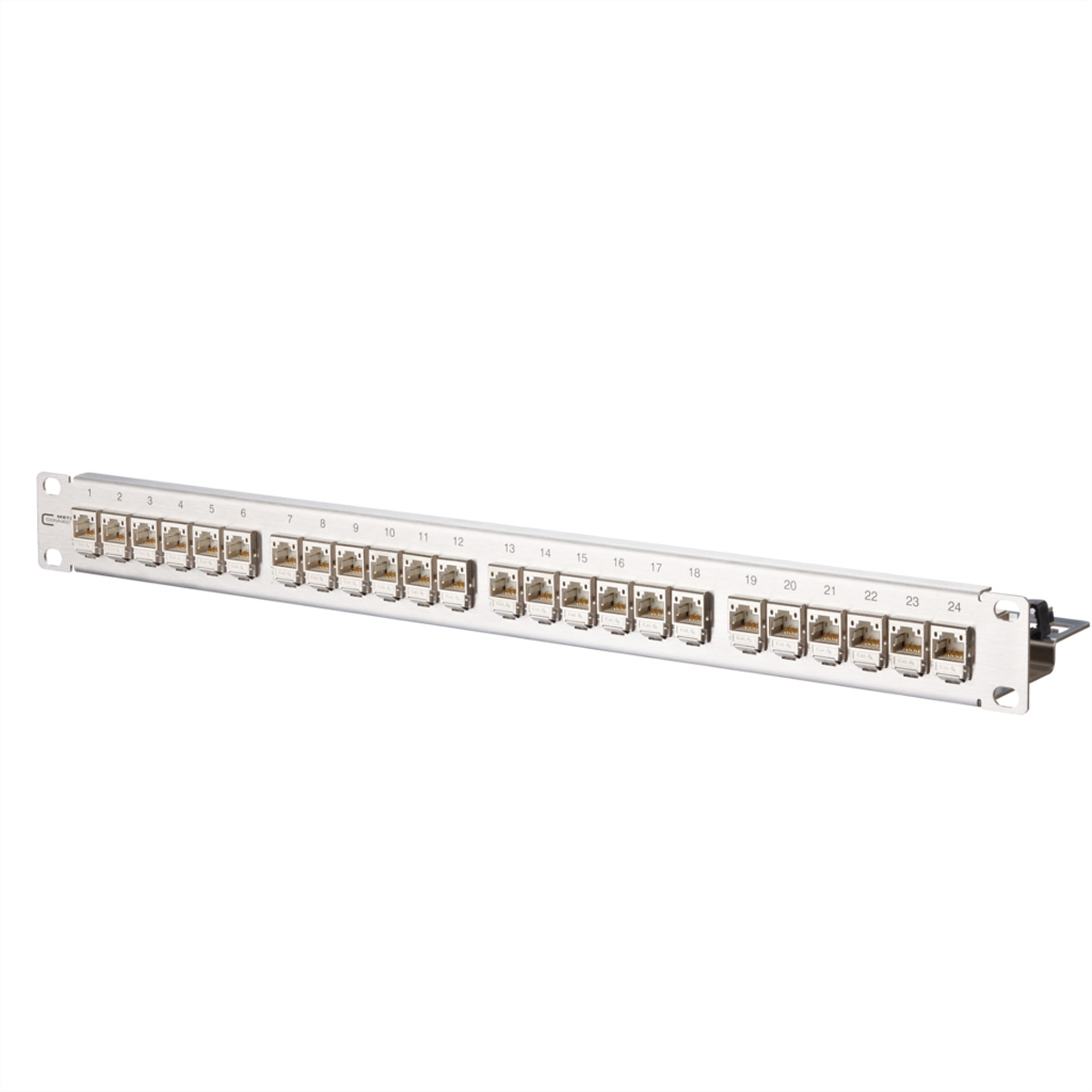 Silbernes Patchpanel mit 24 Anschlüssen. Es befindet sich auf weißem Hintergrund.