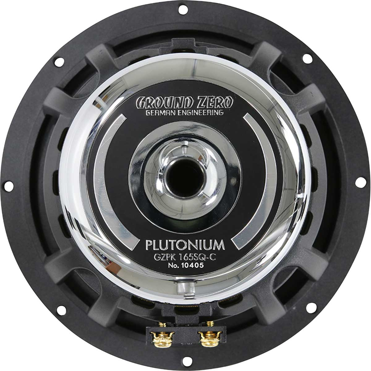 Ein schwarzer und chromfarbener Ground Zero Subwoofer mit der Aufschrift 'PLUTONIUM'.