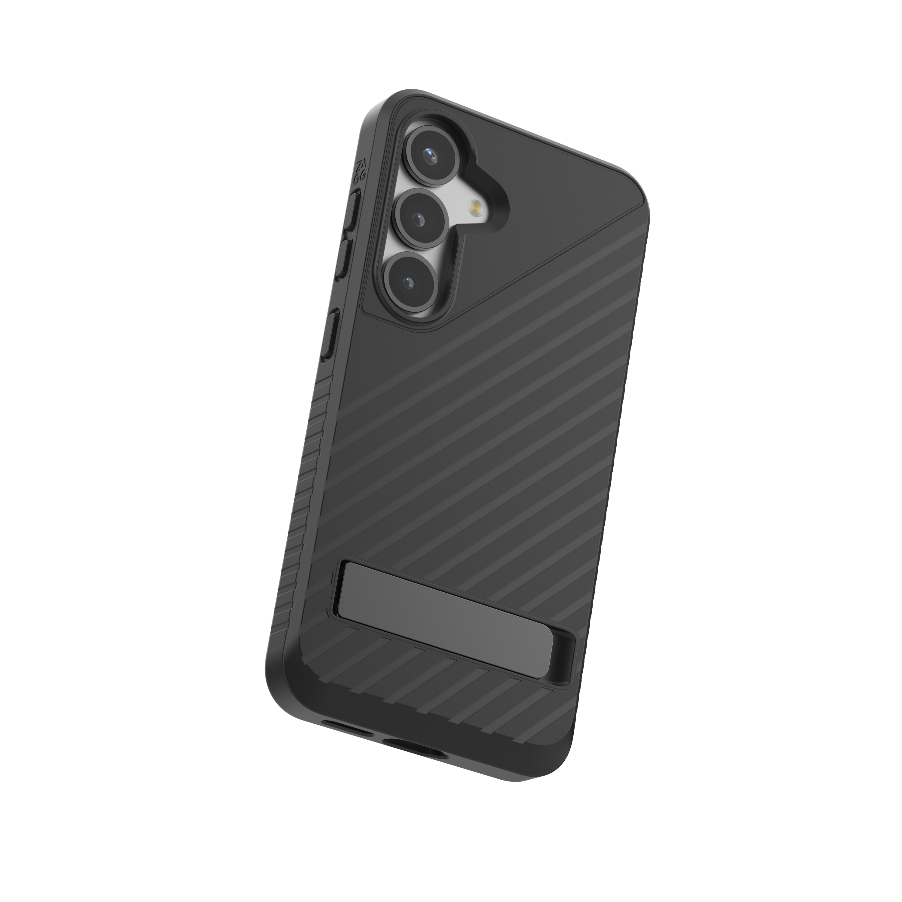 Custodia nera per telefono con supporto. Telefono con più fotocamere.