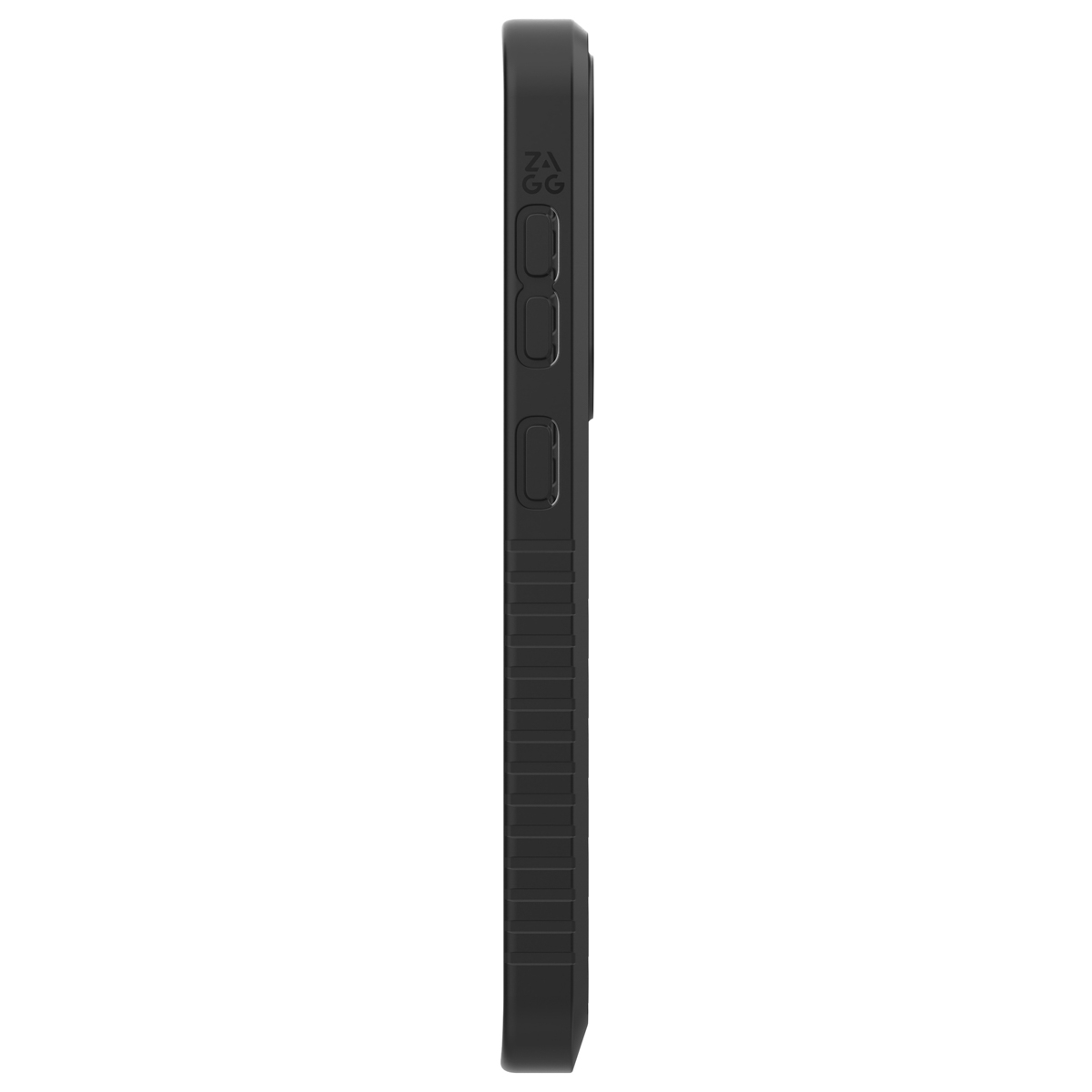Vista lateral de una funda negra para teléfono con botones y superficie texturizada.