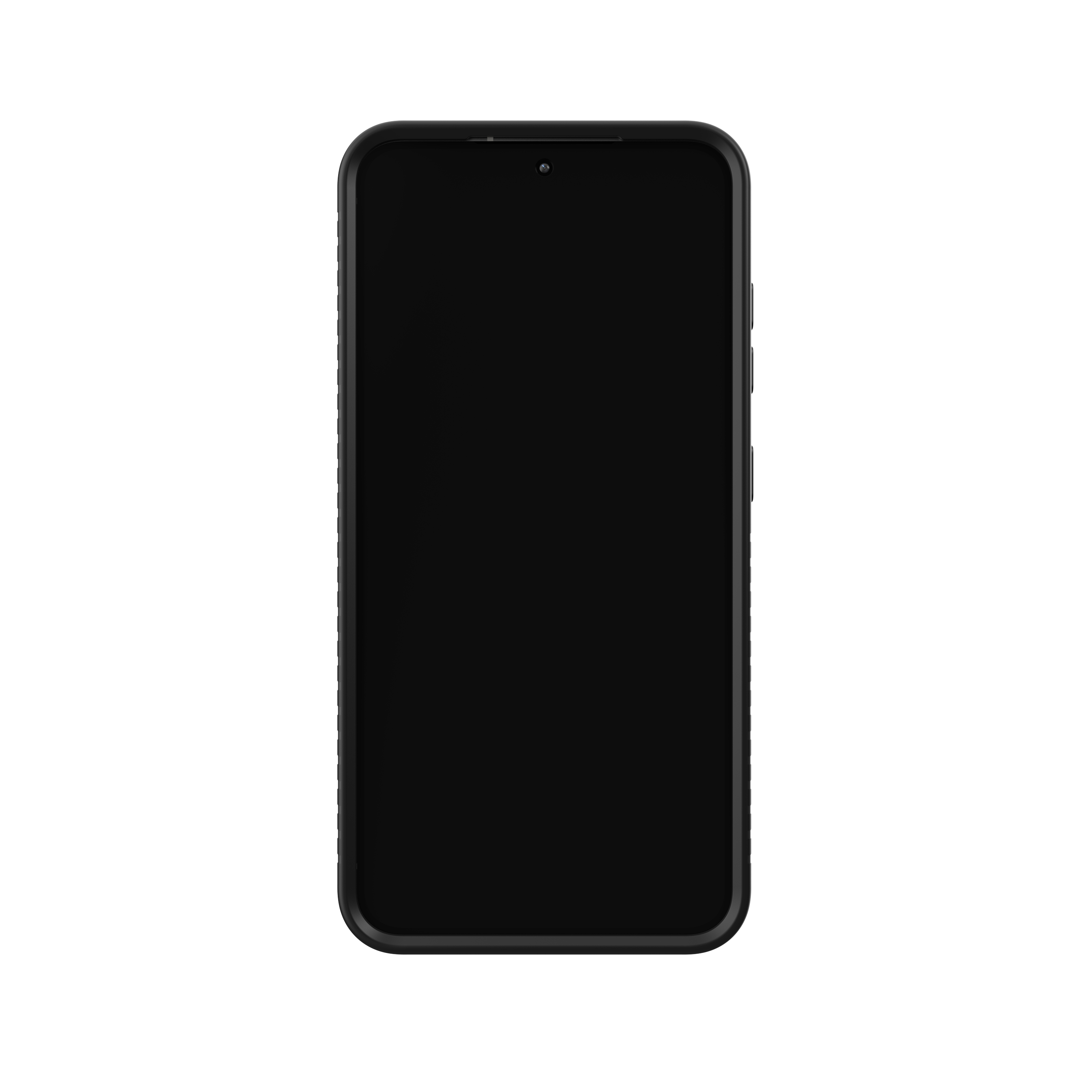 Un telefono nero con una custodia nera su sfondo bianco.