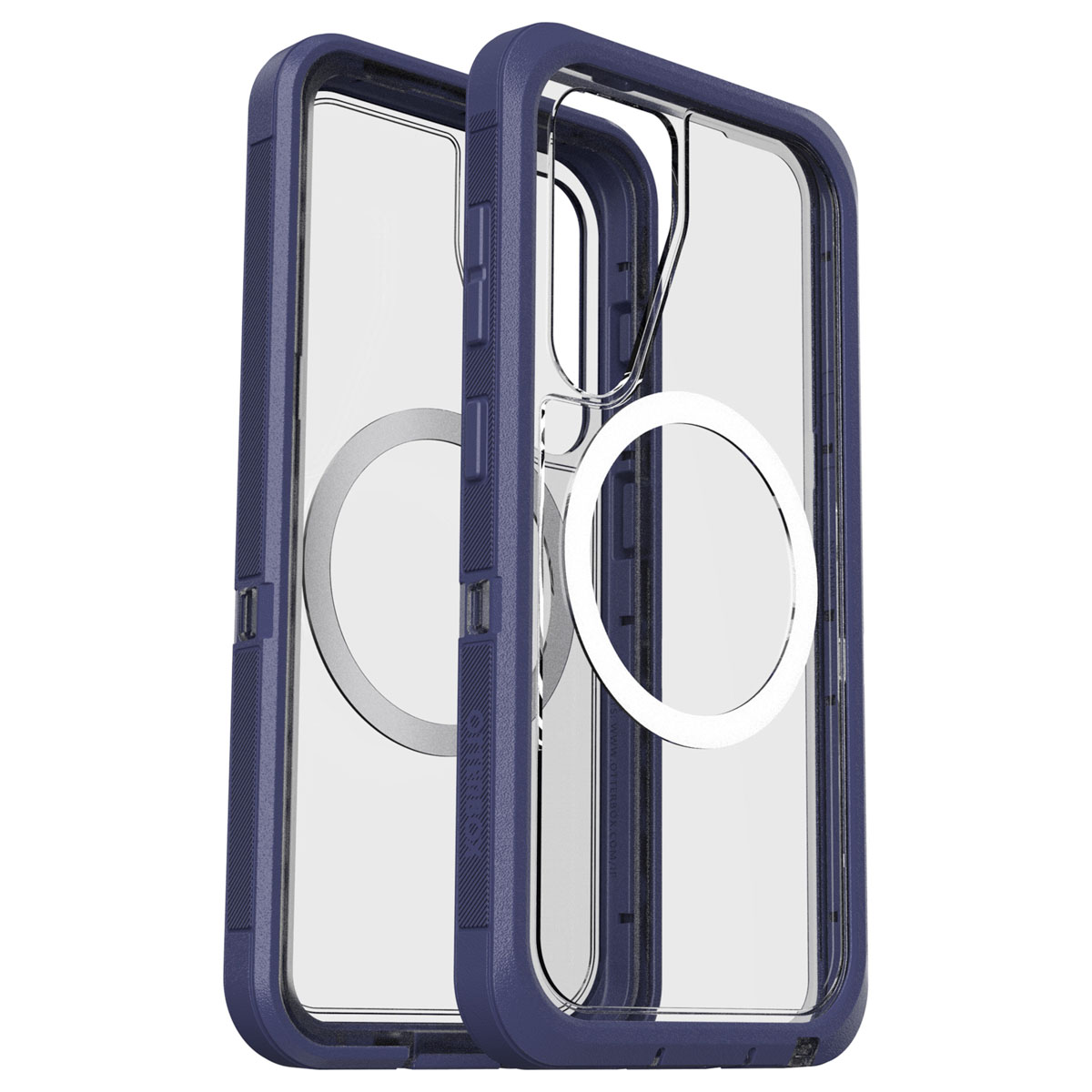 Twee telefoonhoesjes: één transparant, één met blauw frame, beide tonen een witte cirkel.