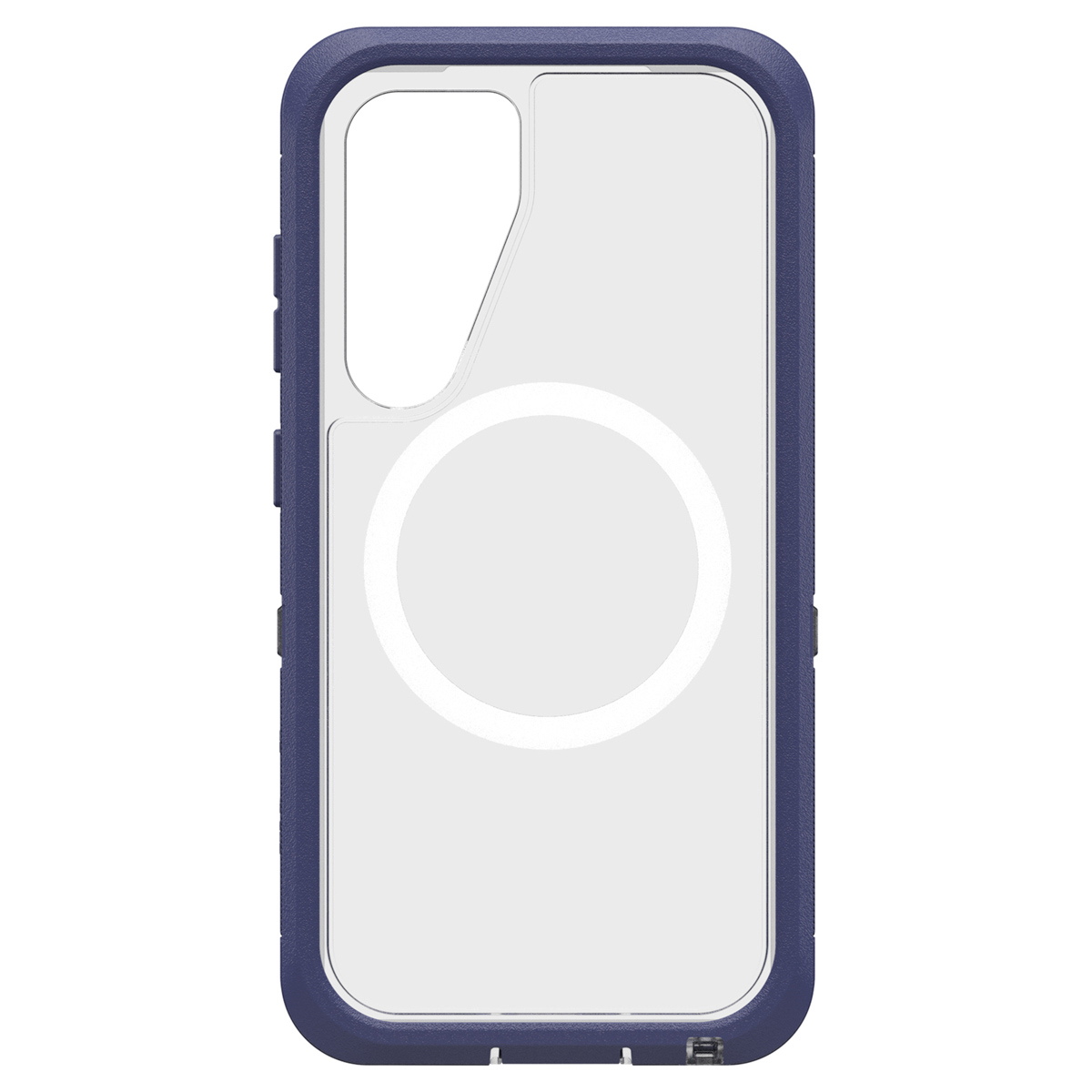 Transparante telefoonhoes met blauwe rand. Witte cirkel op de achterkant.