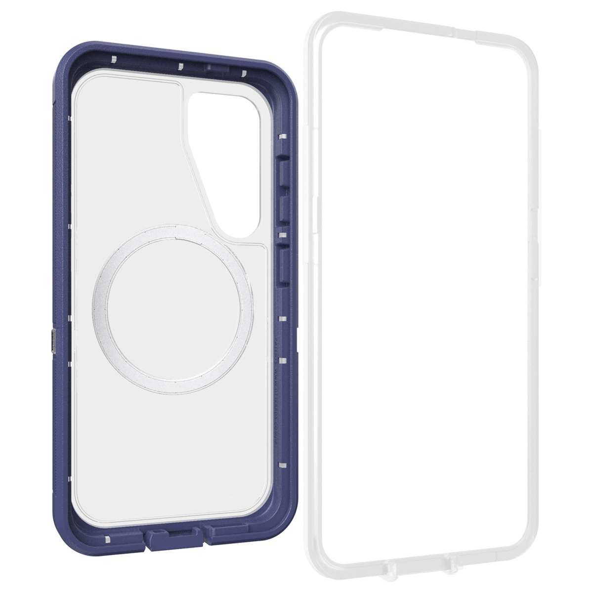 Blauw-witte telefoonhoes, open, met een magnetische ring en een frame.