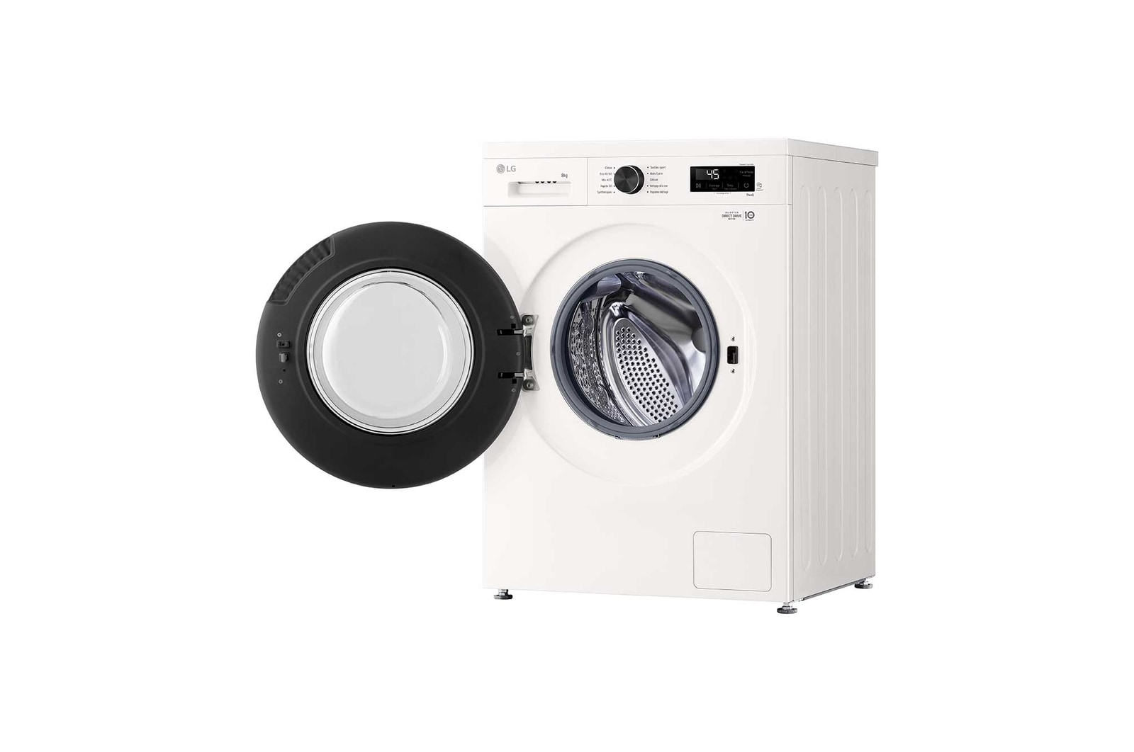 Lavatrice bianca, porta aperta. Telaio porta nero. Sfondo bianco. Il logo del marchio LG è visibile.