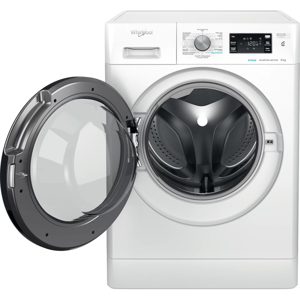 White washing machine with open door, digital display, and buttons.