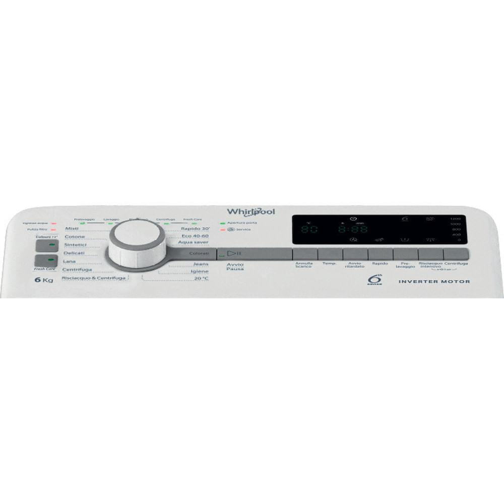 Lavatrice Whirlpool con porta aperta. Corpo bianco con cornice della porta grigia e pannello di controllo.