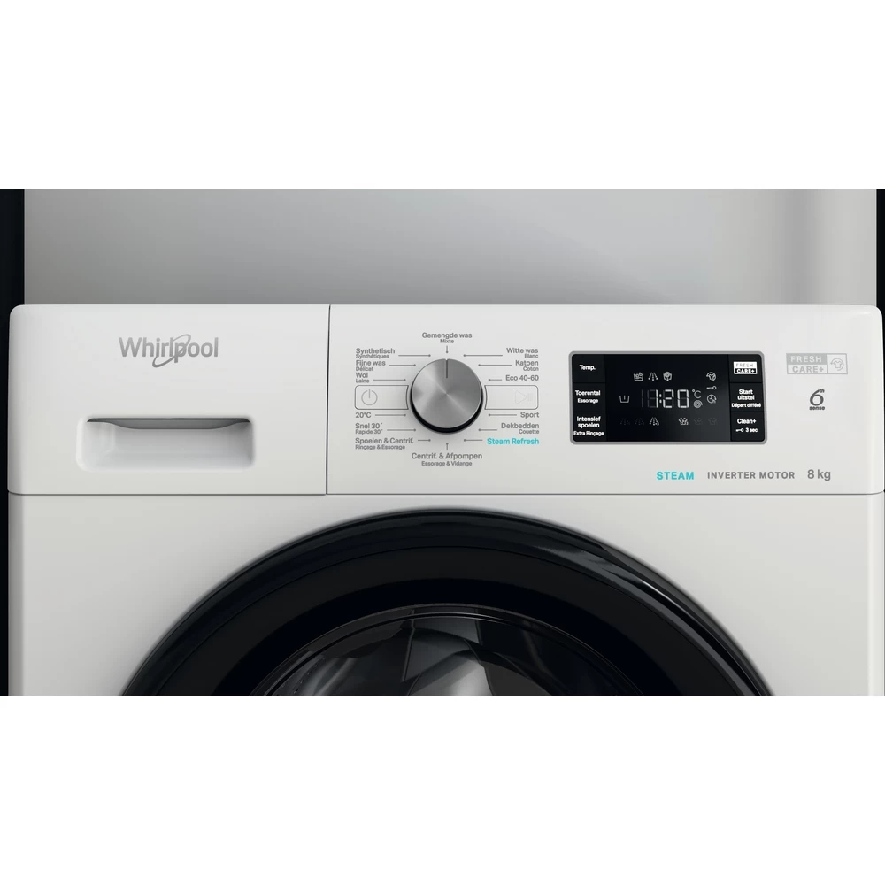 White Whirlpool washing machine, control panel detail, white background.