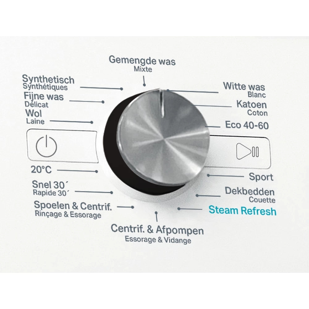 Close-up of a washing machine dial with various wash cycle options and text labels.