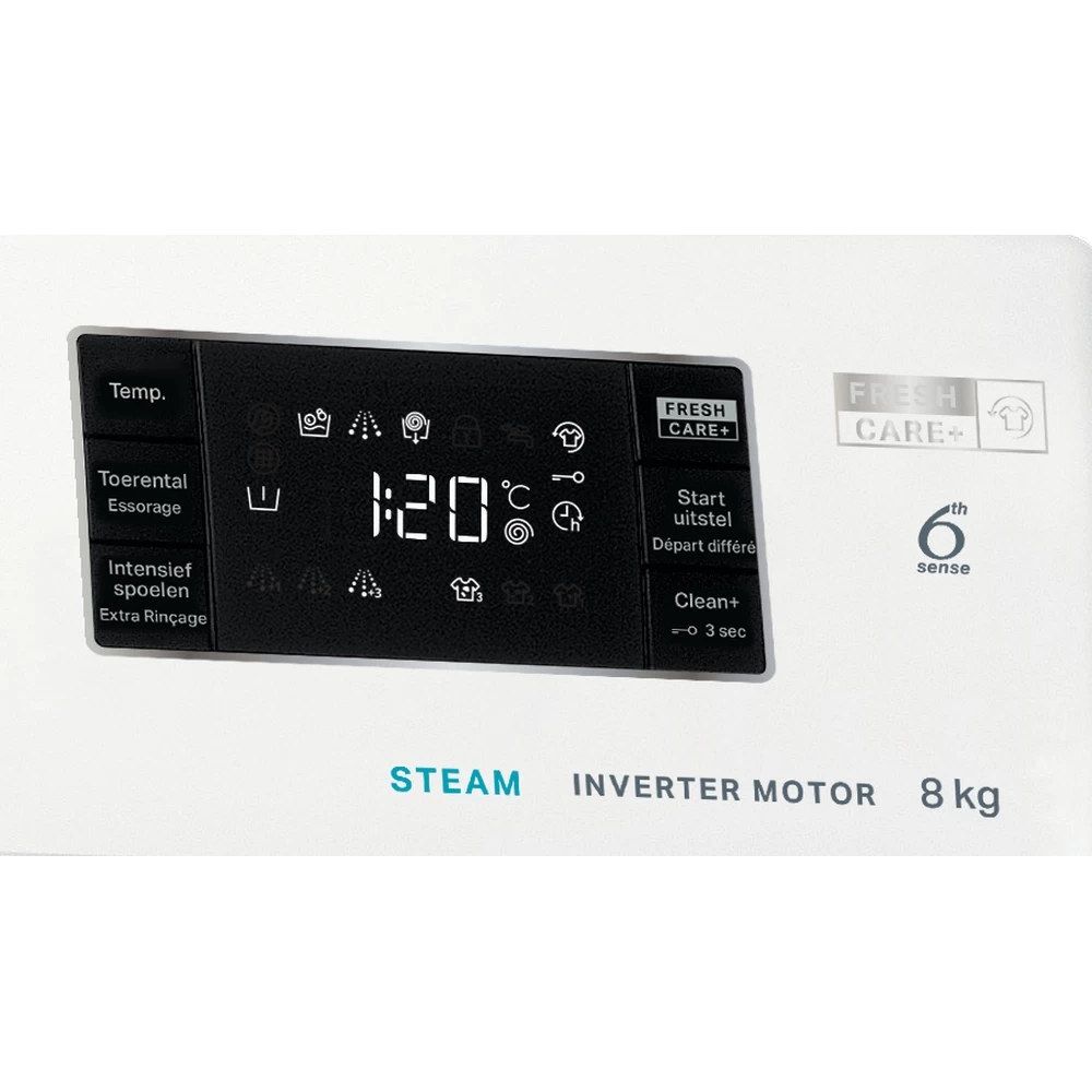 Washing machine control panel with a digital display showing time and settings.