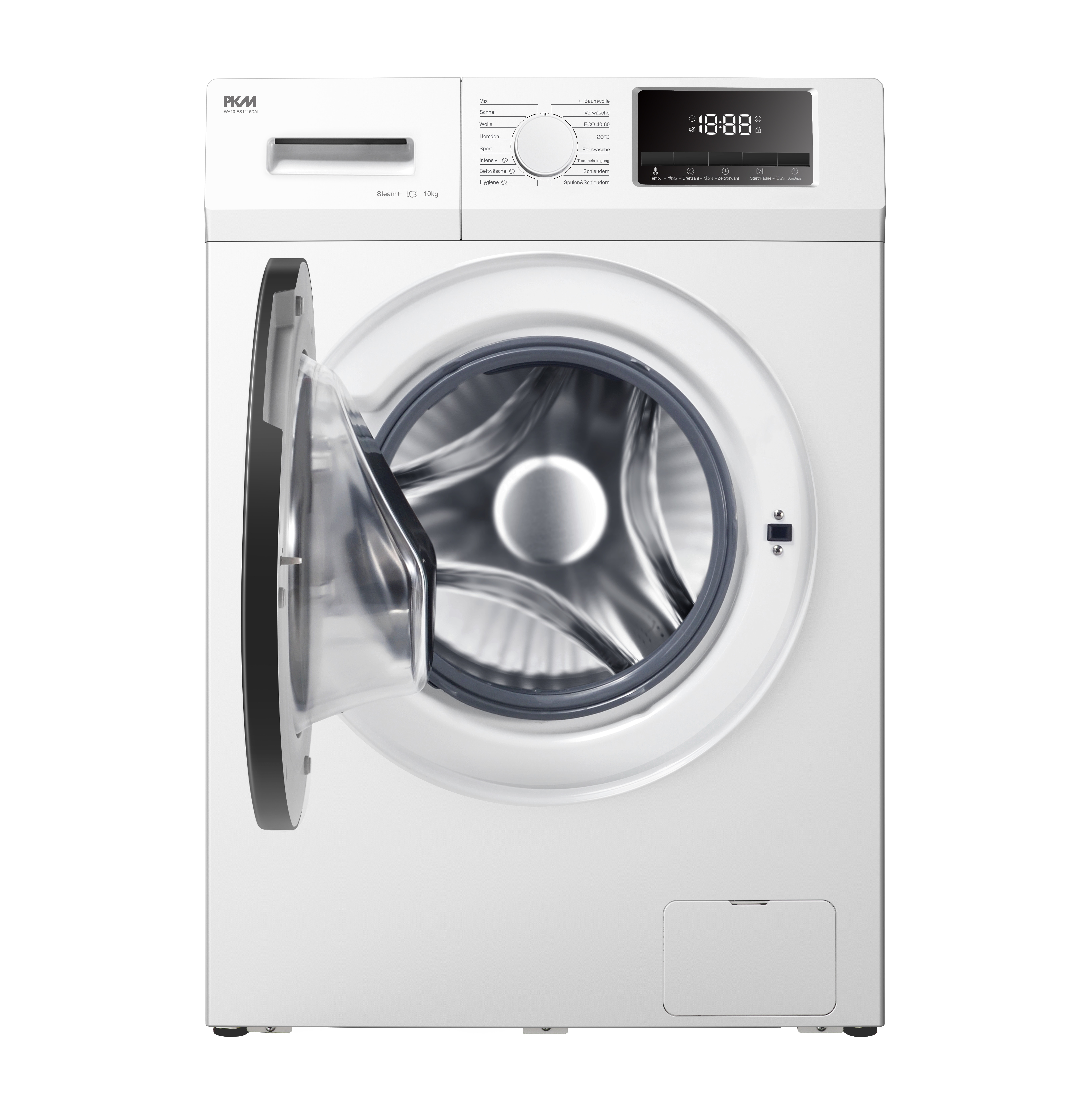 Eine weiße Waschmaschine mit geöffneter Tür, die die Trommel zeigt.