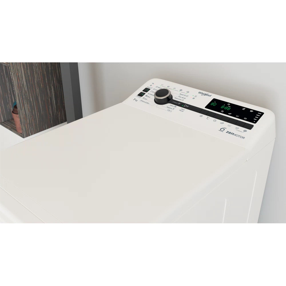 Widok z góry na białą pralkę Whirlpool. Posiada panel sterowania z wyświetlaczem cyfrowym.