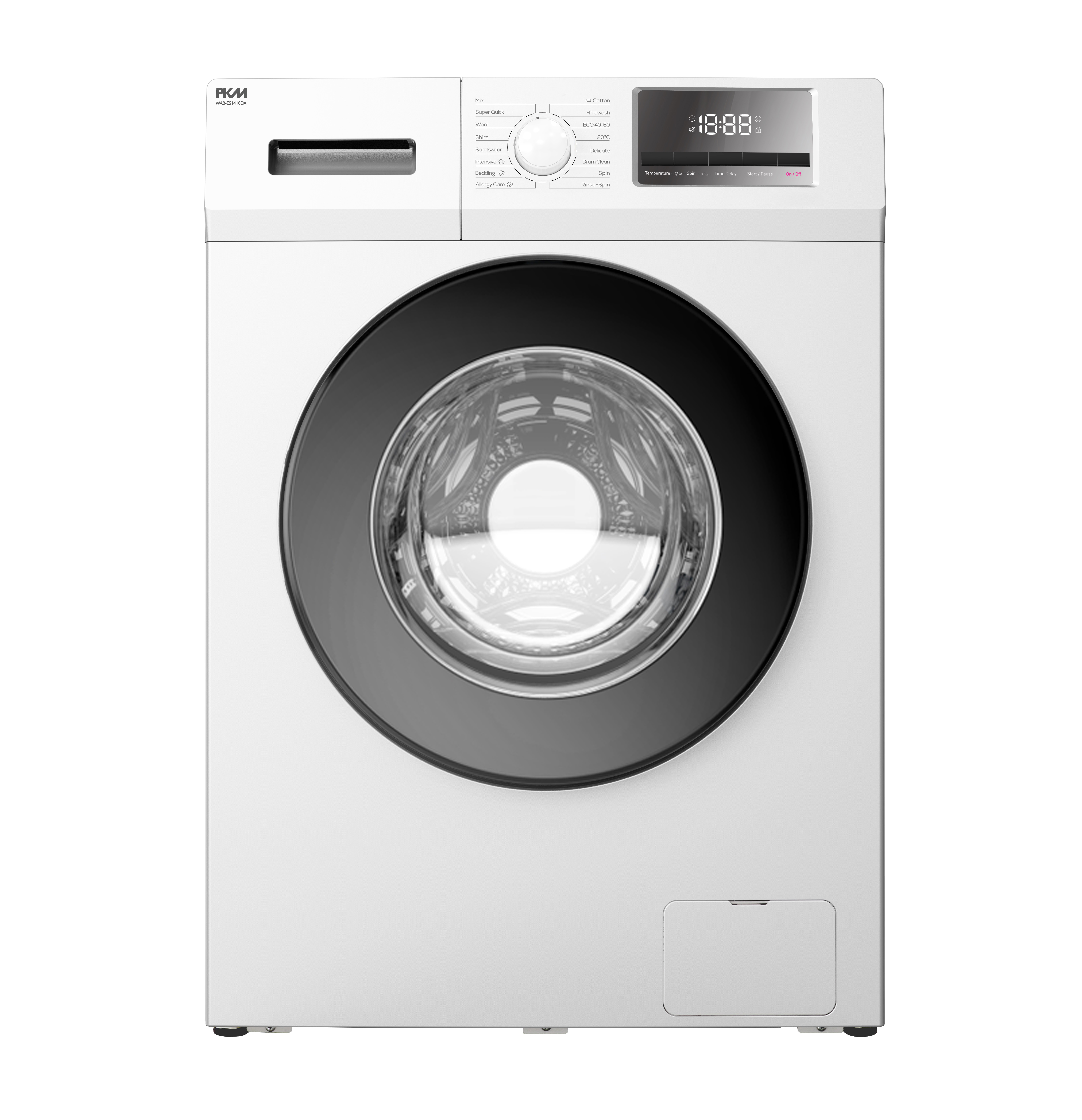 Weiße Waschmaschine mit schwarzer Tür und Digitalanzeige.