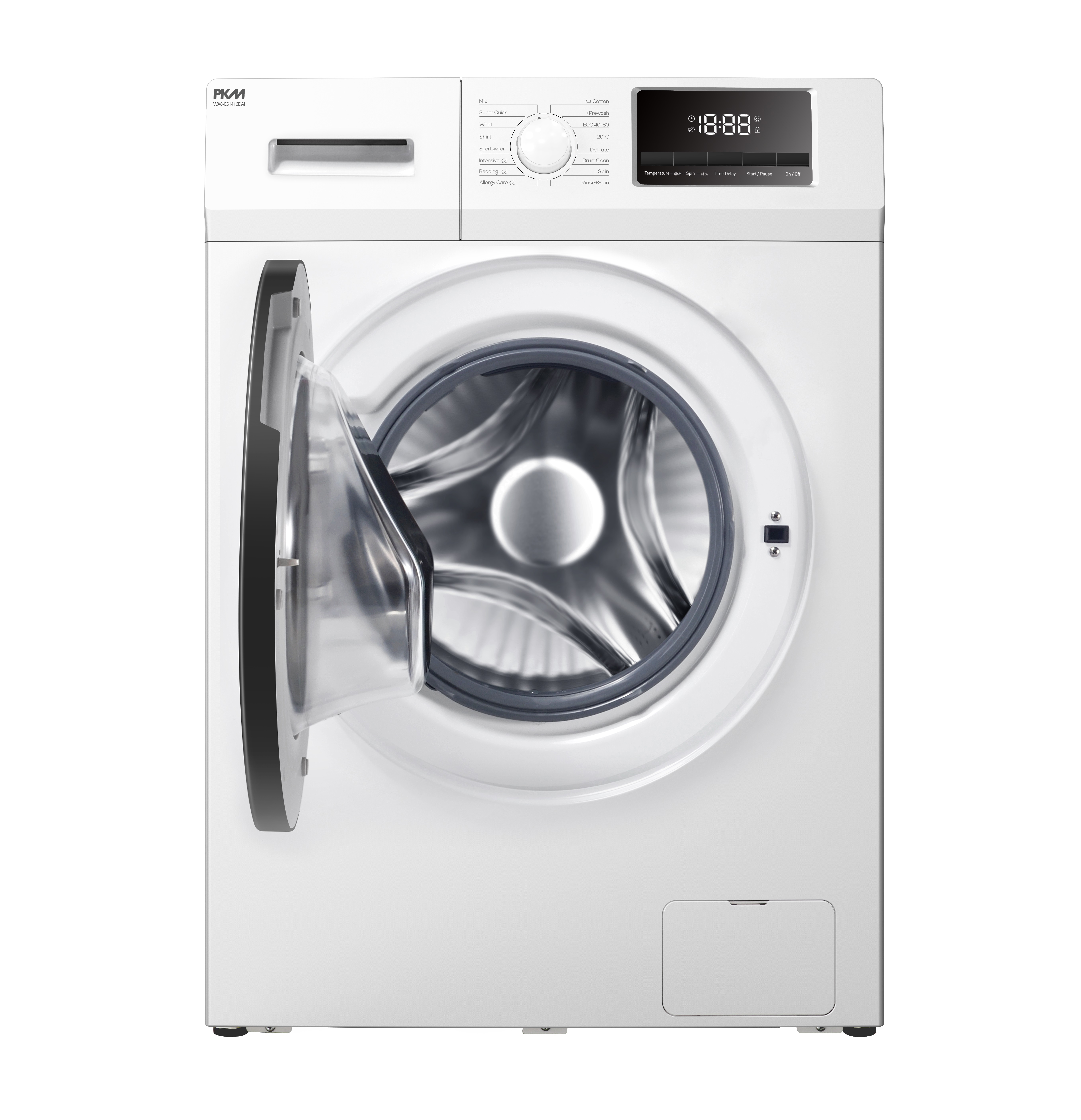 Eine weiße Waschmaschine mit geöffneter Tür.