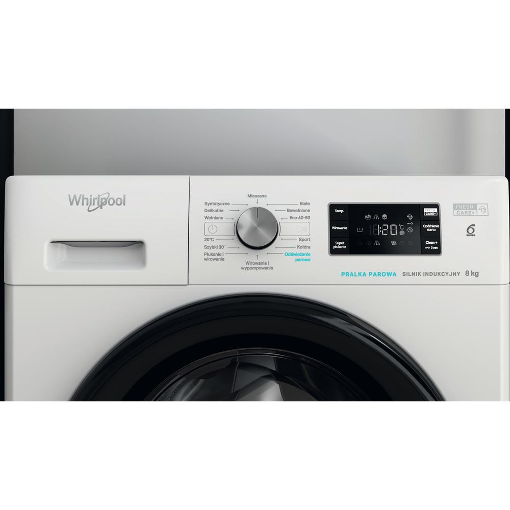 Zbliżenie panelu sterowania pralki Whirlpool. Wyświetla programy i ustawienia.