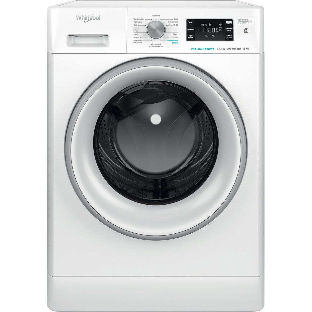 Weiße Whirlpool-Waschmaschine mit runder Tür, silberner Ring darum. Digitalanzeige und Bedienfeld.