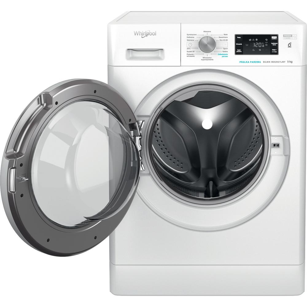 Ein Energielabel einer weißen Waschmaschine, das Effizienzklasse und weitere Details zeigt.