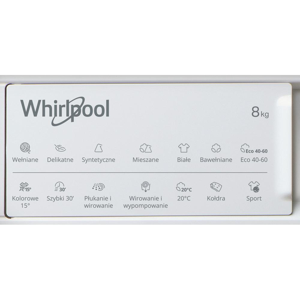 Pannello comandi lavatrice Whirlpool bianco con icone ed etichette testuali per i programmi.