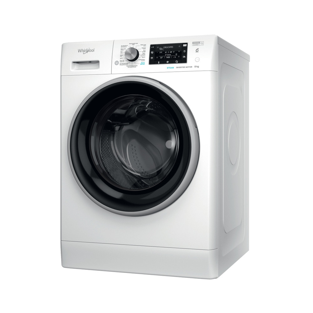 A white Whirlpool washing machine with a black door.