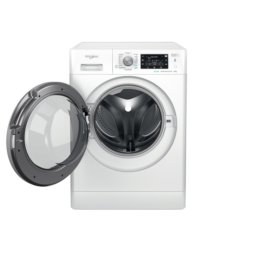 White Whirlpool washing machine with open door. Buttons and screen on the front, isolated on white.