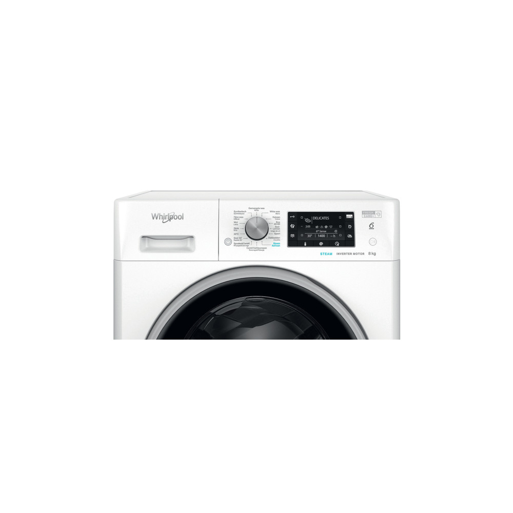 A white Whirlpool washing machine. The control panel is visible with buttons and a digital display. The door is closed.