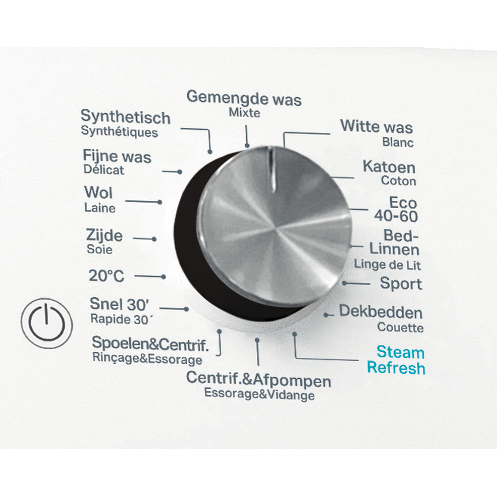 Close-up of a washing machine dial with various wash programs. The dial is silver, with text labels in multiple languages.