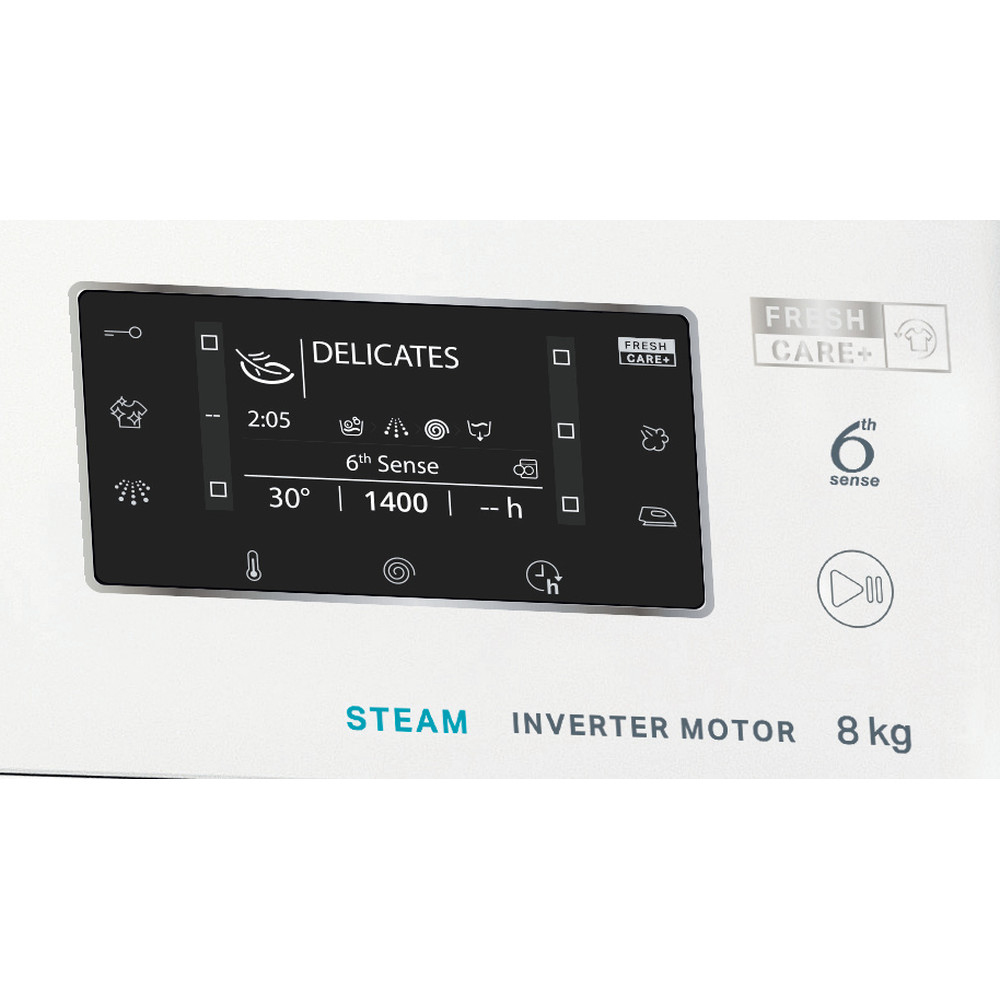 Close-up of a washing machine control panel with a digital display and buttons.