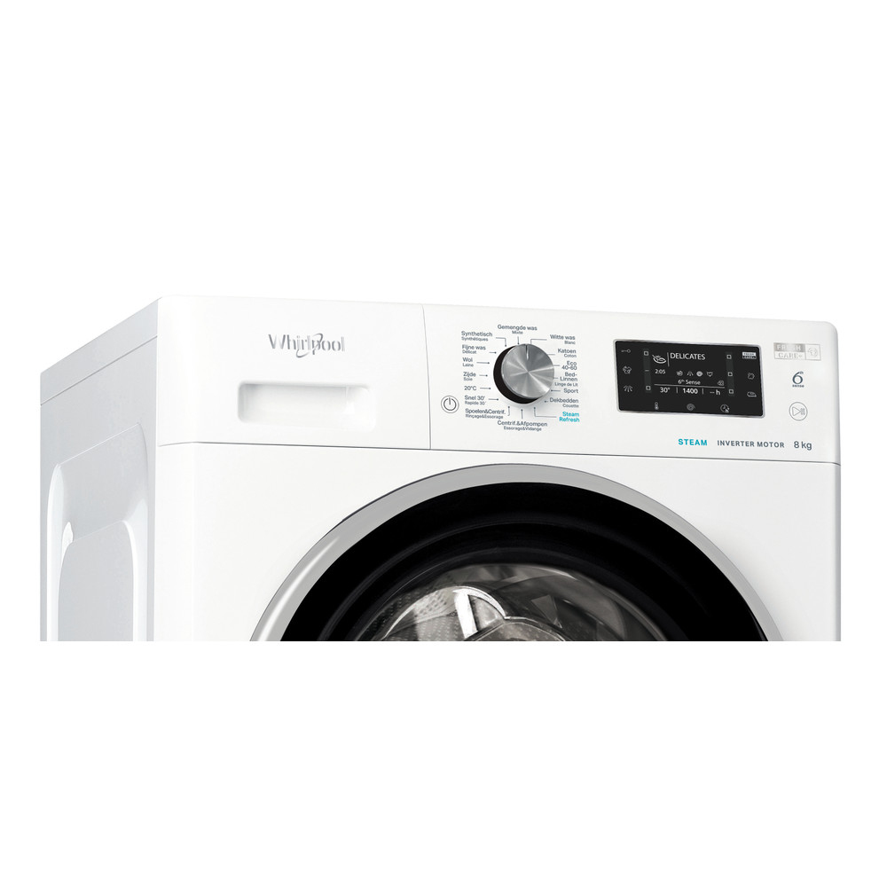 White Whirlpool washing machine control panel close-up. Digital display and buttons.