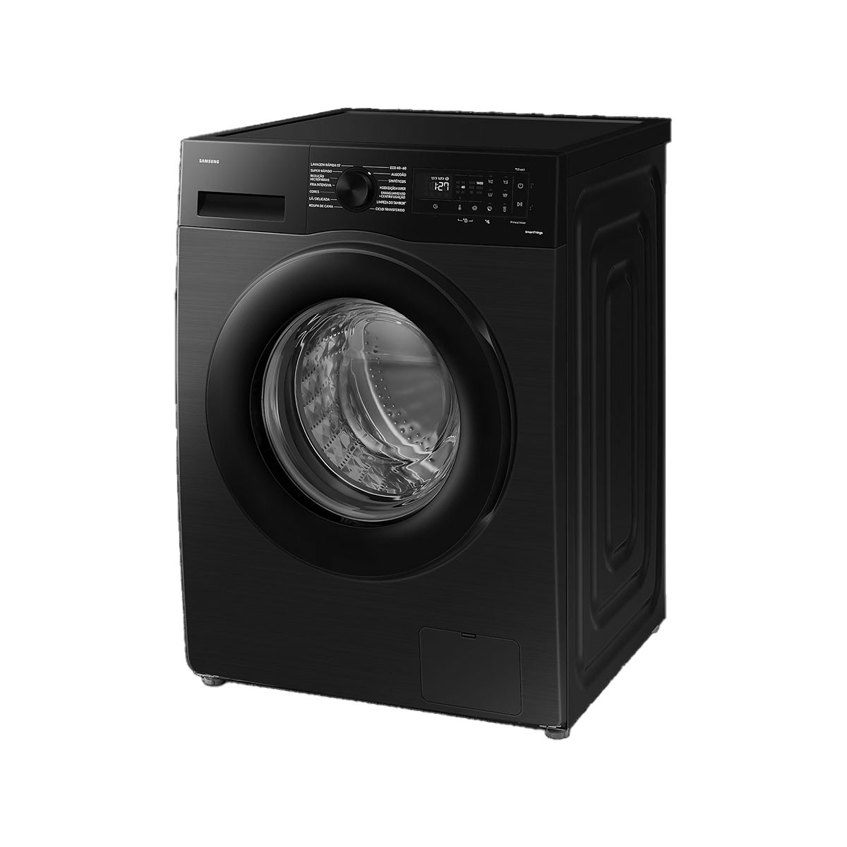 Lavadora Samsung negra, vista en ángulo. Cuenta con puerta redonda y panel de control.