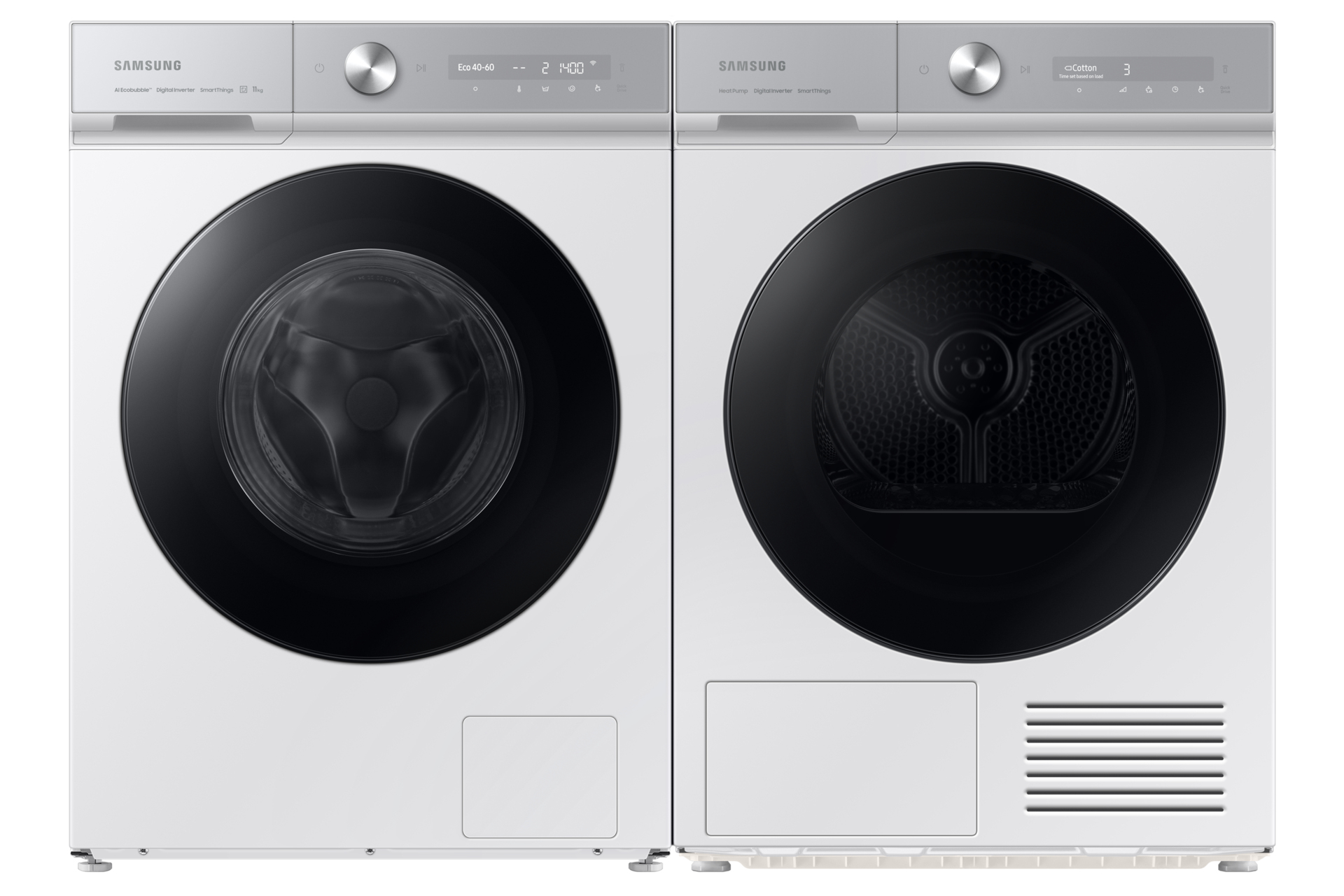 Un set lavatrice e asciugatrice Samsung bianco. Ognuno ha una porta nera circolare, comandi argentati e display.